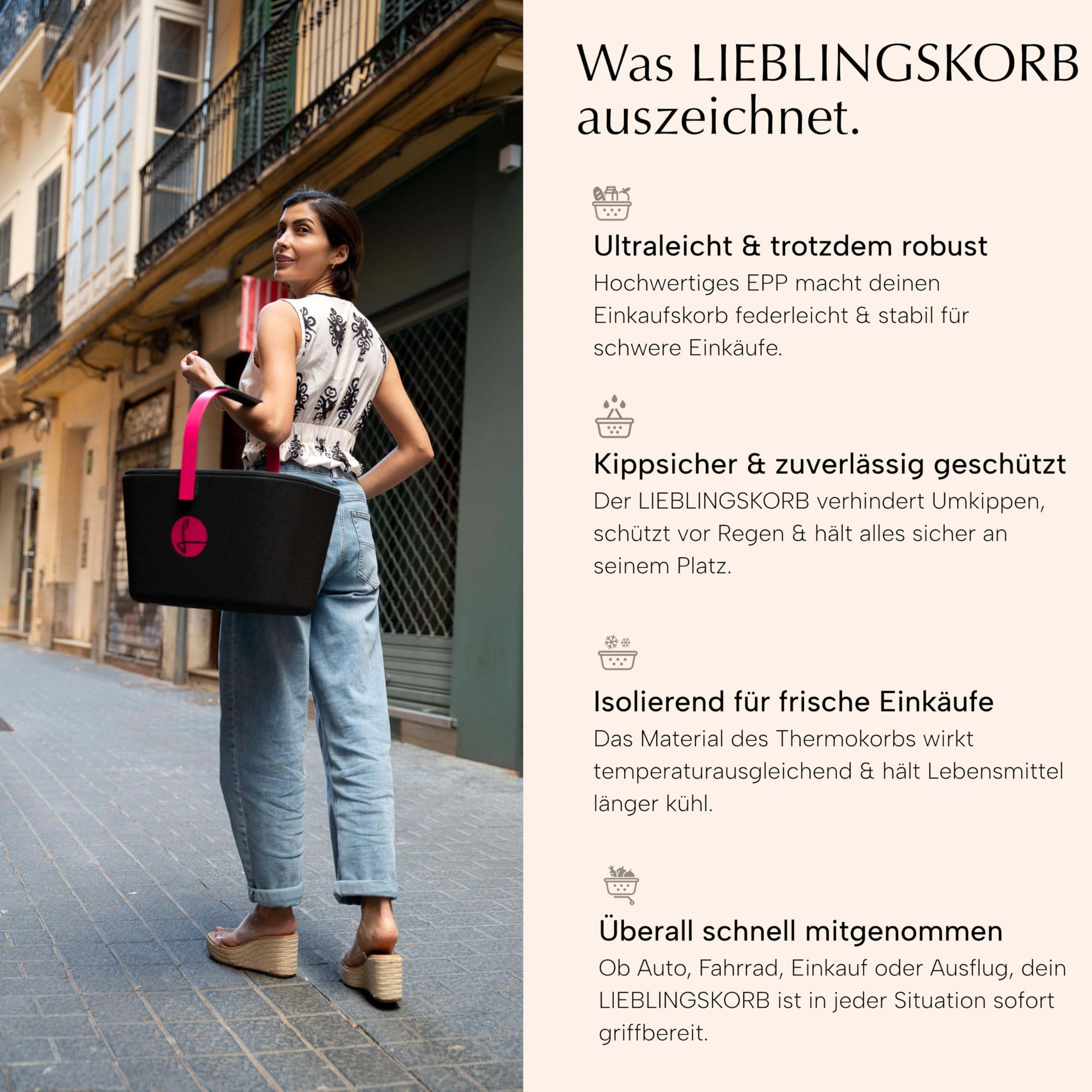 LIEBLINGSKORB Original black champagner - inkl. Deckel, Einlegeboden und Transportring - ultraleichter, kippsicherer & formstabiler Einkaufskorb - Made in Germany - thermoisolierend & abwaschbar