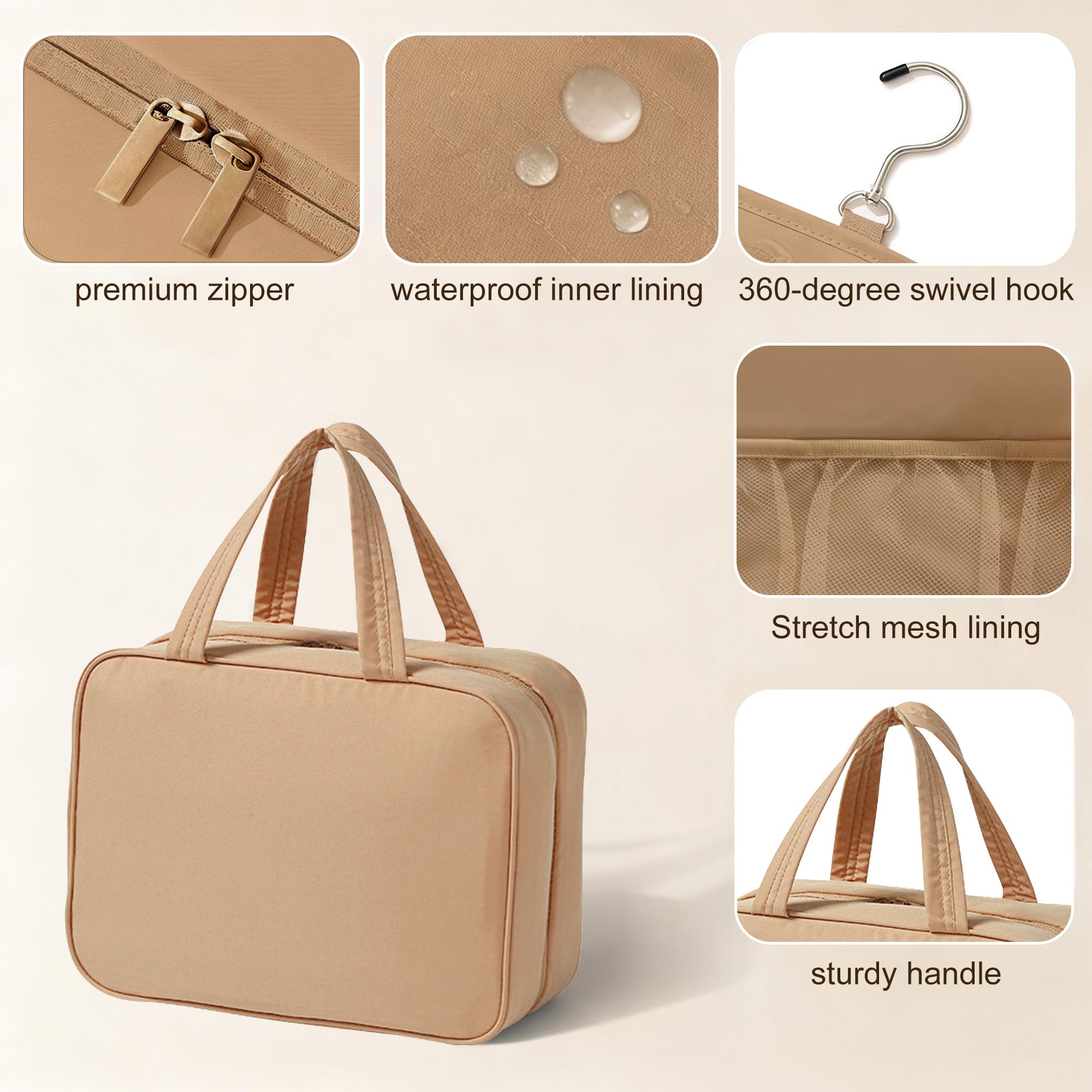 Marrone Beauty Case Impermeabile da Appendere,Donna Uomo Grande Trousse Trucco Pieghevole con Gancio Girevole 360°,Beauty Case da Viaggio,30×22×12cm