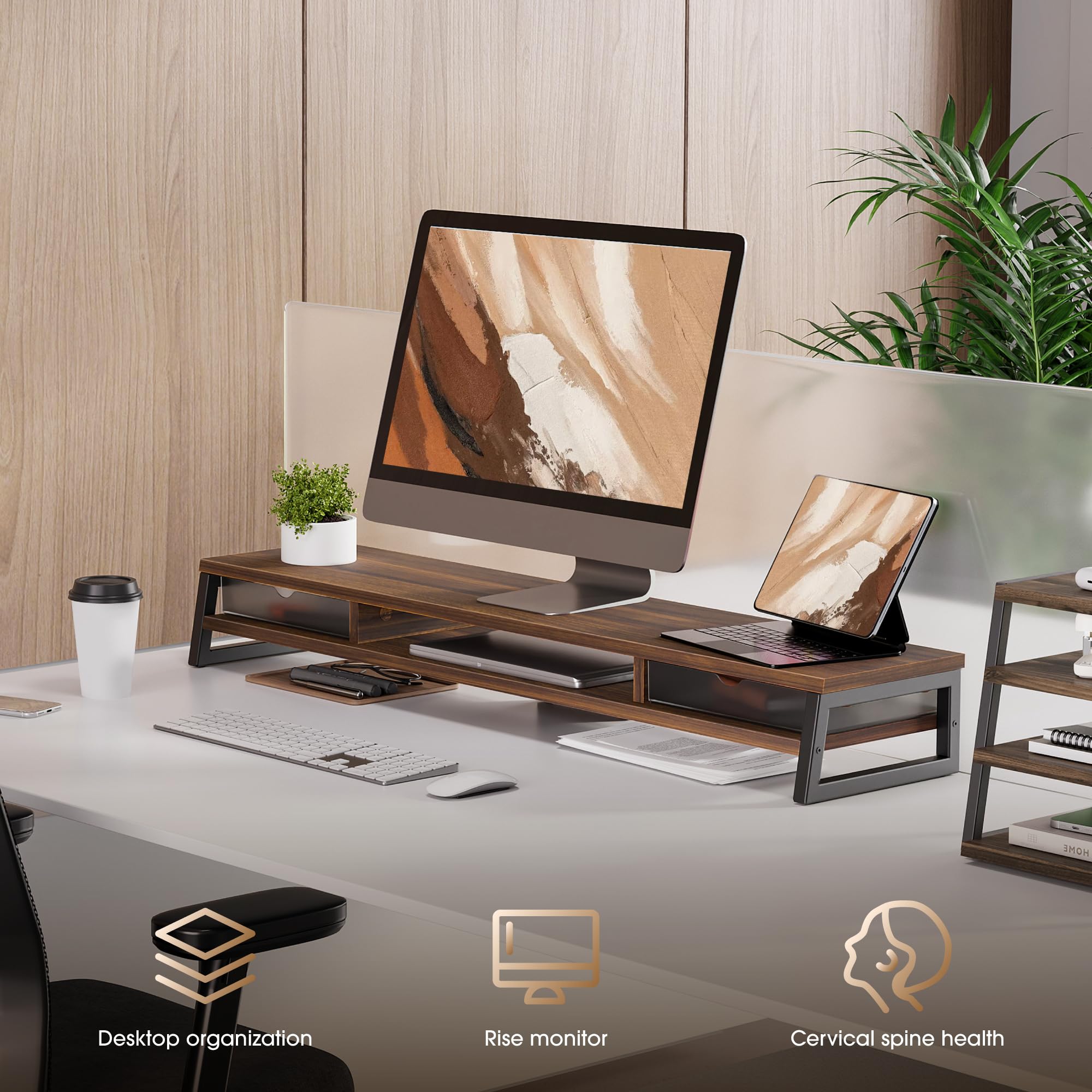 Fenge Support de Dual Moniteurs , Réhausseur d'Écran d'Ordinateur avec 2 Tiers en Acrylique, Pour PC/Ordinateur/ 2 Moniteurs/Fax/Imprimante/TV, 108x25,5x13,8cm, Charge de 45KG (G04F3104D-U)