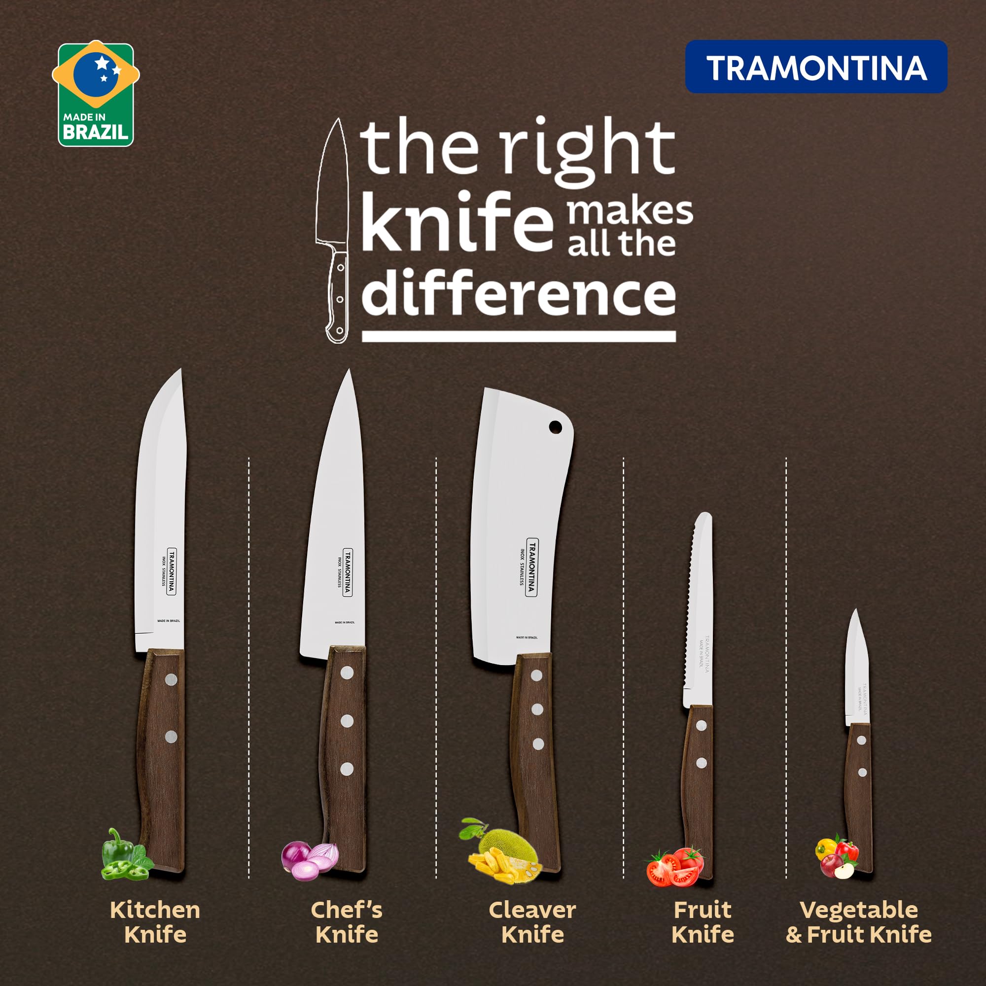 TRAMONTINA Tradicional 15cm/5.9" Cleaver Knife | Stainless Steel Blade | Big Kitchen Knife for Large Vegetables/Fish | Straight/Plain Edge | Brown Ipe Wood Handle | Made in Brazil | 5 Year Warranty* 3