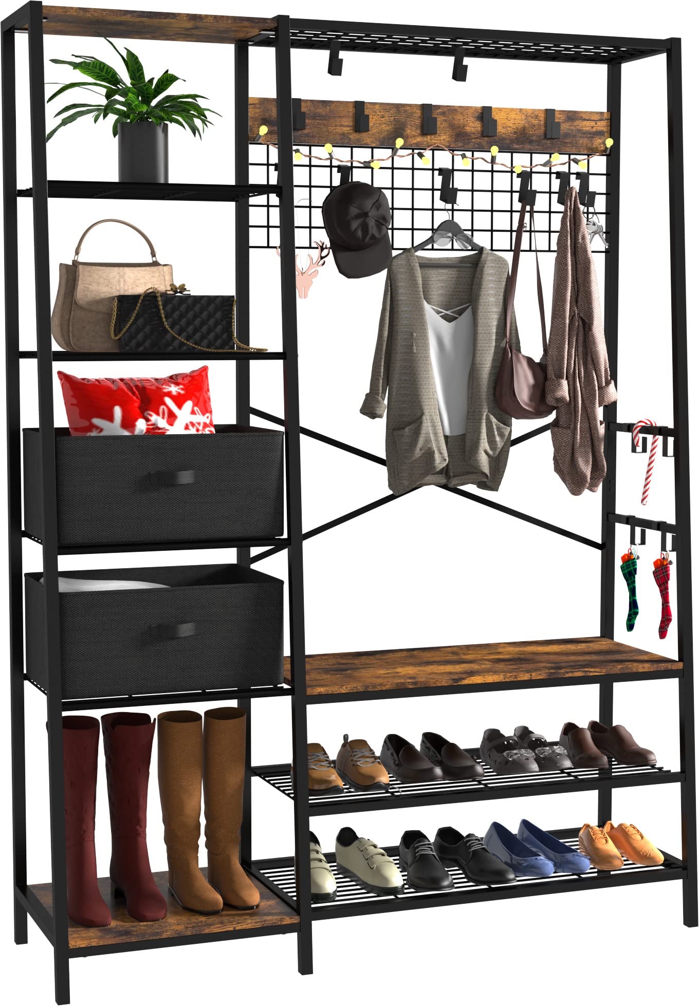 LGHM Modern Versatile Hall Tree with 10 Fixable Metal Hooks, Coat Rack Stand with 6 Side Shelves, Entryway Shoe Bench with Adjust Coat Rack, Top Mesh Shelf, 2 Fabric Box Rustic Brown