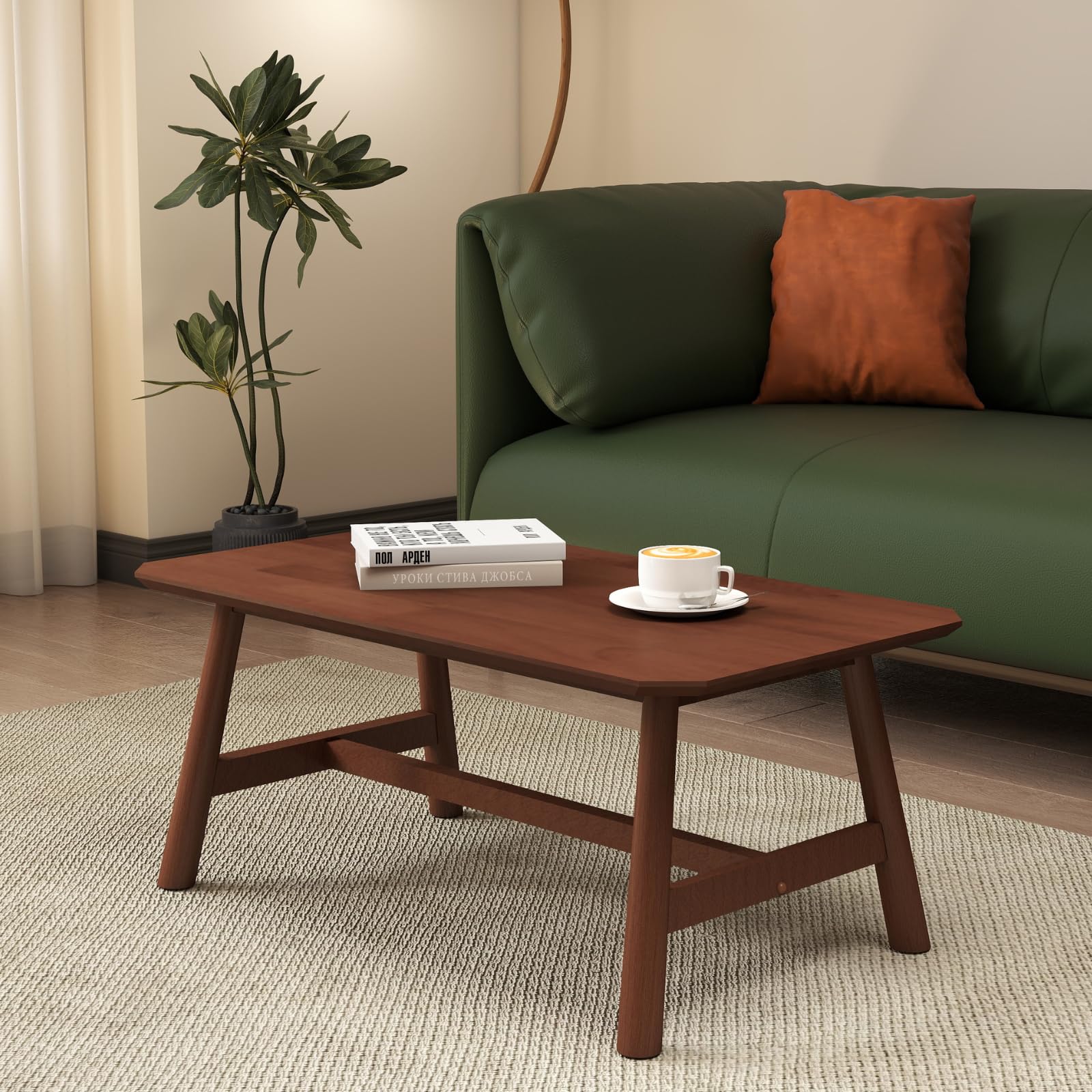 CIMOTA Coffee Table, Mid-Century Modern Rectangular Center Table, Solid Walnut Wood Tea Table for Living Room, Retro Dark Brown Finish, 35.5" x 20"