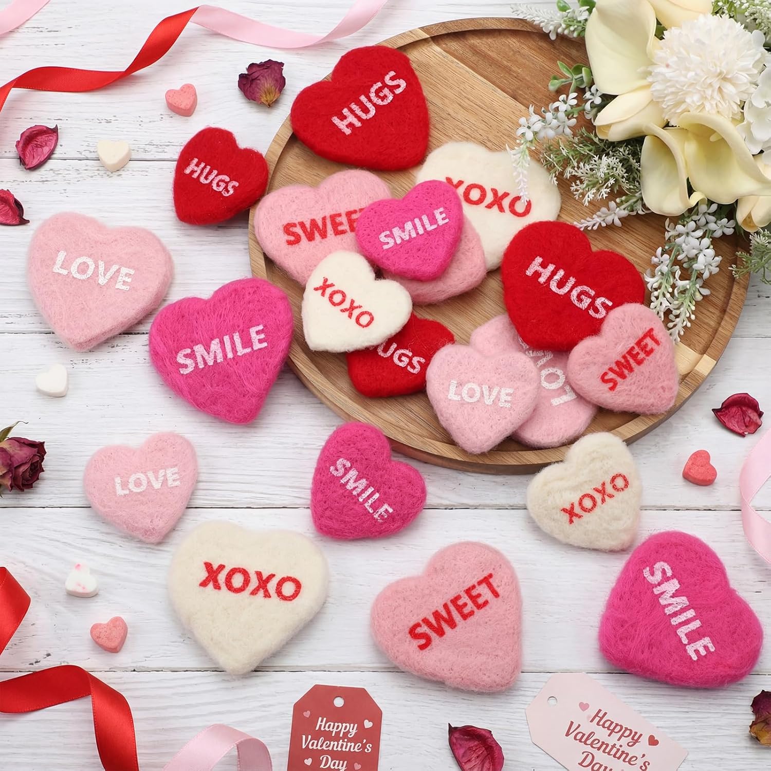 Hahafelt 20 Pcs Valentines Day Felt Hearts Vase Filler Conversation Hearts Decorations Red Pink Felt Wool Heart Valentines Table Tiered Tray Decor Wedding Party Decor Centerpieces(Bright Color)