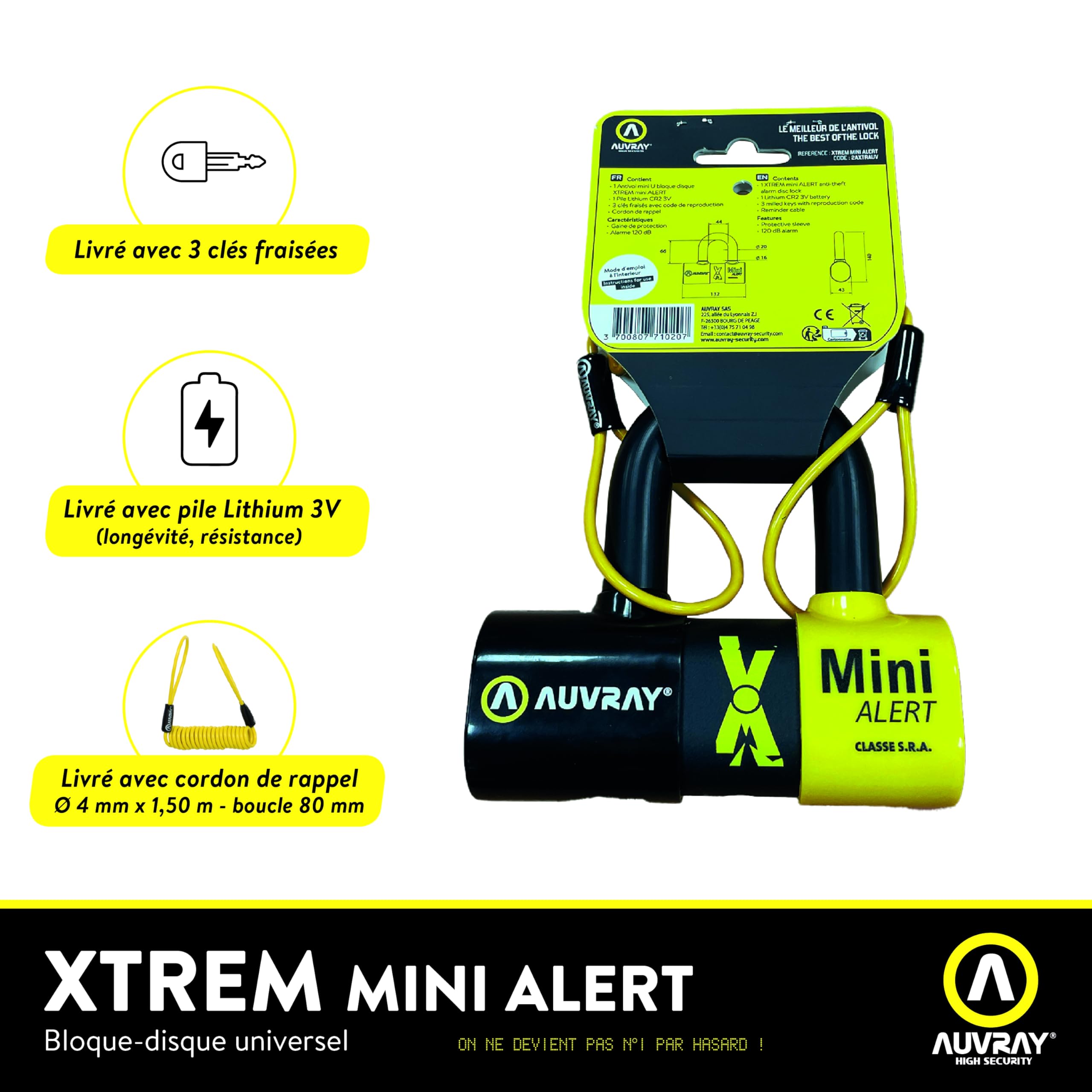 AUVRAY - Antivol Bloque Disque Moto XTREM Mini Alert - Certifié Art 4329 & SRA - Alarme intégrée 120 DB - Niveau de sécurité 9/10 - Haute sécurité - Recommandé par Les Assureurs - Garantie 10 Ans
