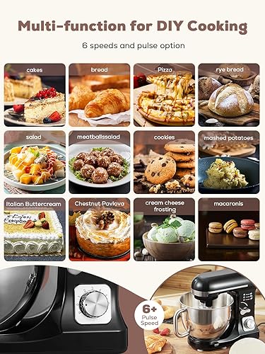 Miniatura 5 de Fohere, con gancho doble para masa, batidor de alambre y batidor, mezclador de alimentos de cabeza inclinable de 6+ P, escudo de vertido para cocina