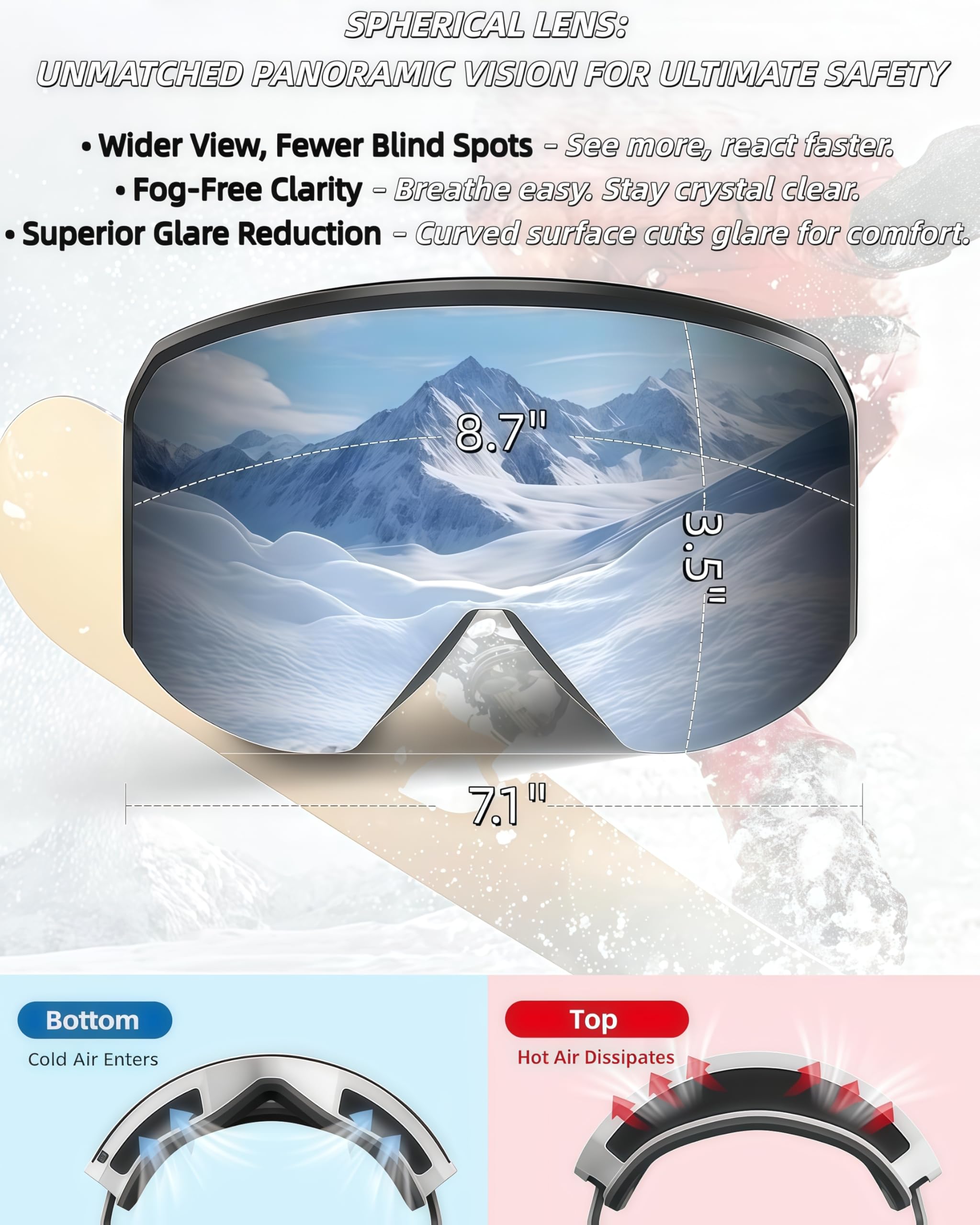 Gogle narciarskie dla mężczyzn i kobiet, ochrona OTG UV400, podwójne soczewki przeciwmgielne, sferyczne soczewki do jazdy na nartach i snowboardzie