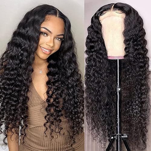 haha Peluca de cabello humano rizado transparente con cierre de onda profunda, peluca de cabello humano virgen brasileño con cierre de 4 x 4, para