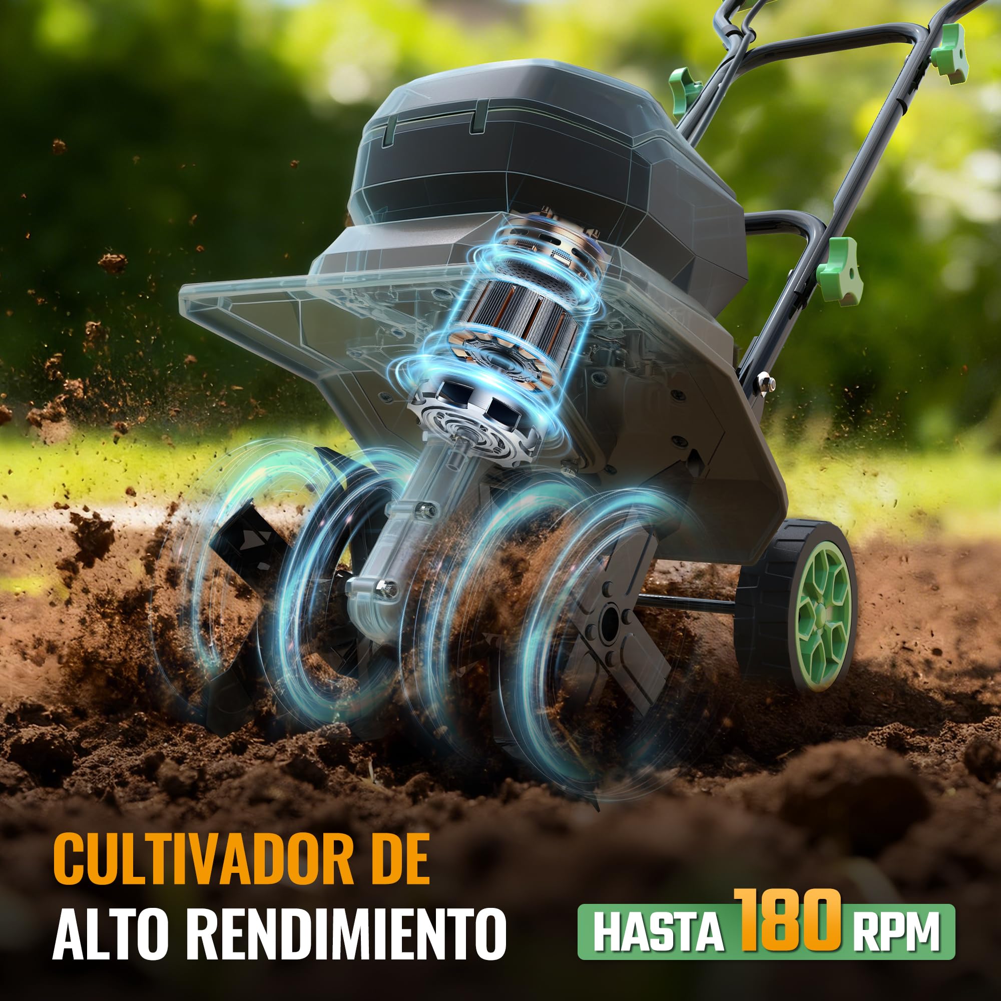 WORKPROX Motoazada Eléctrica a Batería 40V con 2×4,0Ah, Cultivador de Jardín Inalámbrico, Ancho de Trabajo 30 cm, Profundidad 20 cm, Ruedas Ajustables, Mango Plegable