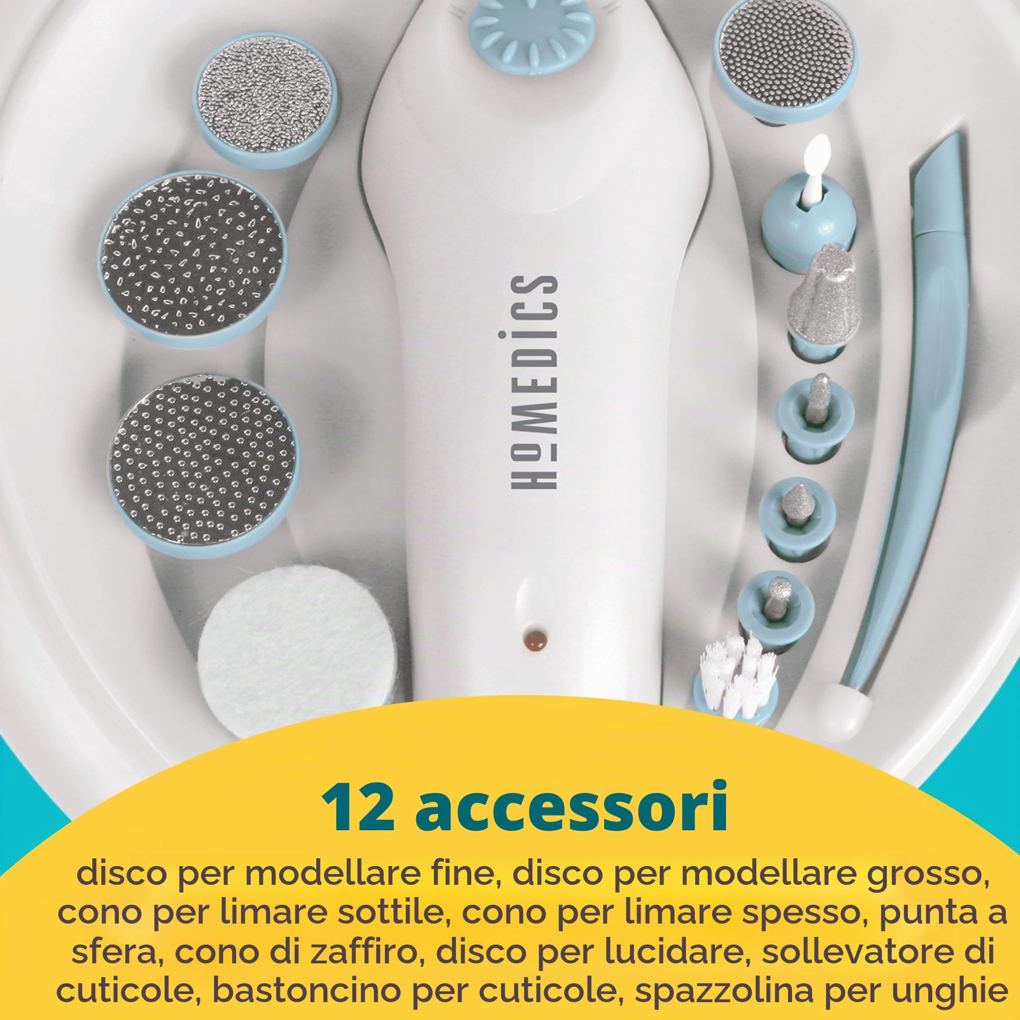 HoMedics Set per Manicure e Pedicure Elettrico, Kit Massaggio Lenitivo con Ammollo, 12 Accessori per Trattamento di Unghie, Dischi Lucidanti e Leviganti, Rimozione di Calli e Cuticole, Asciuga Smalto