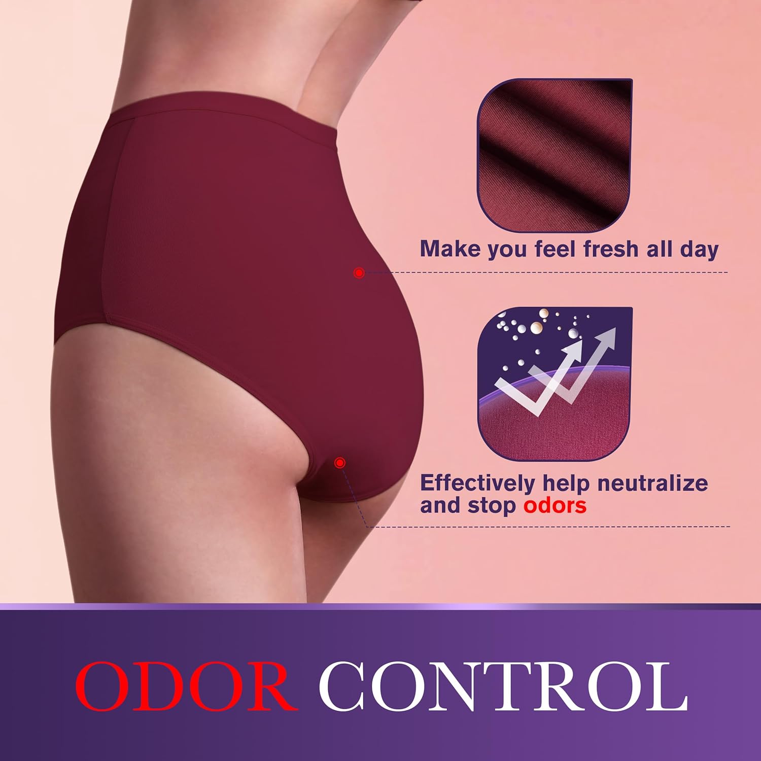 Women Leak Proof Incontinence Underwear Washable Absorbency Protective Postpartum Panties 2.0 OZ Bladder Control 3 Pack (1 Black-2 Garnet, XL) - Image 4