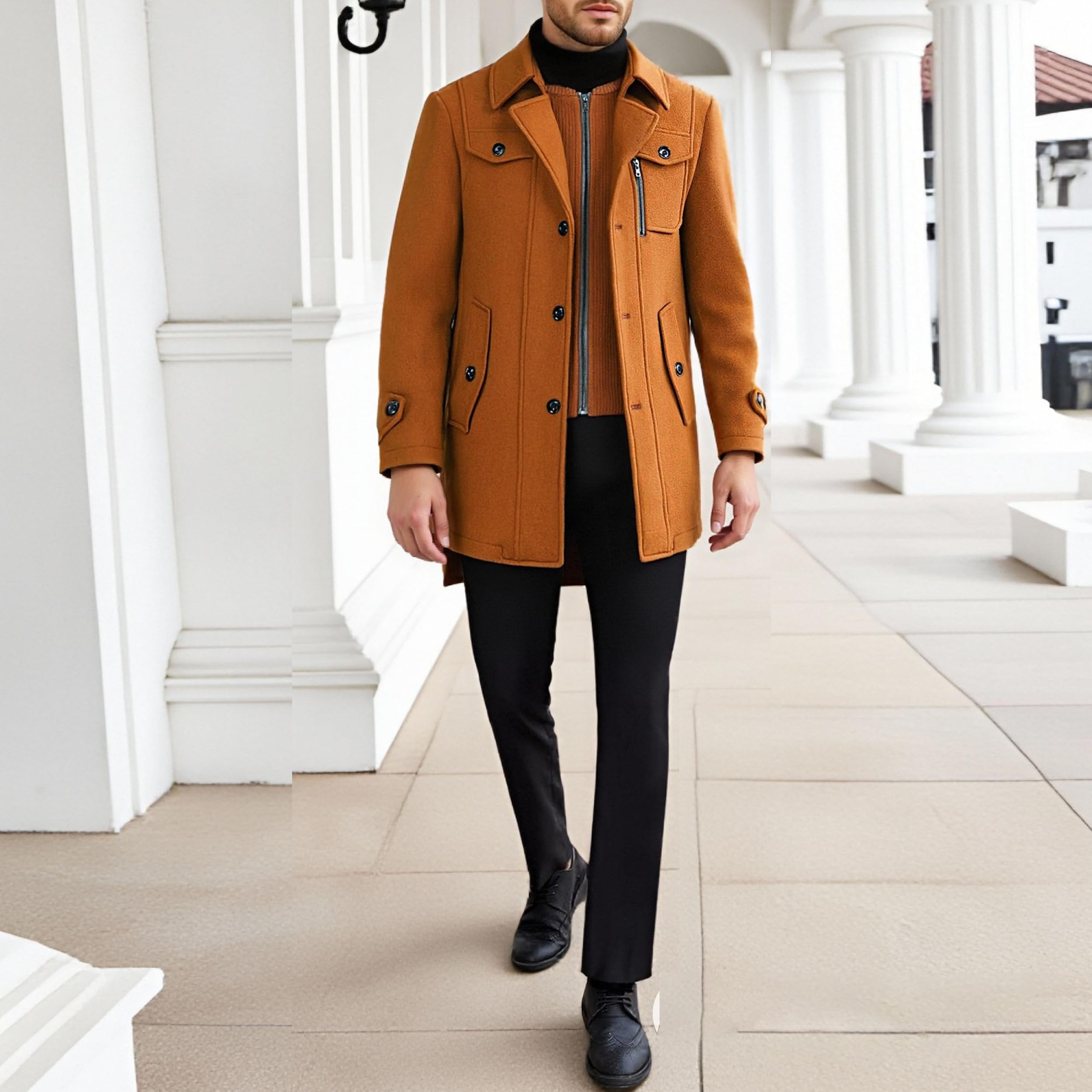 Cappotto da uomo invernale in misto lana con colletto alto e colletto interno rimovibile