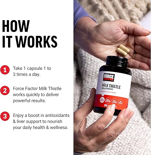 Miniatura 4 de Force Factor Fórmula de apoyo hepático de cardo mariano con raíz de diente de león y alcachofa, suplemento de cardo mariano de silimarina de 300 mg