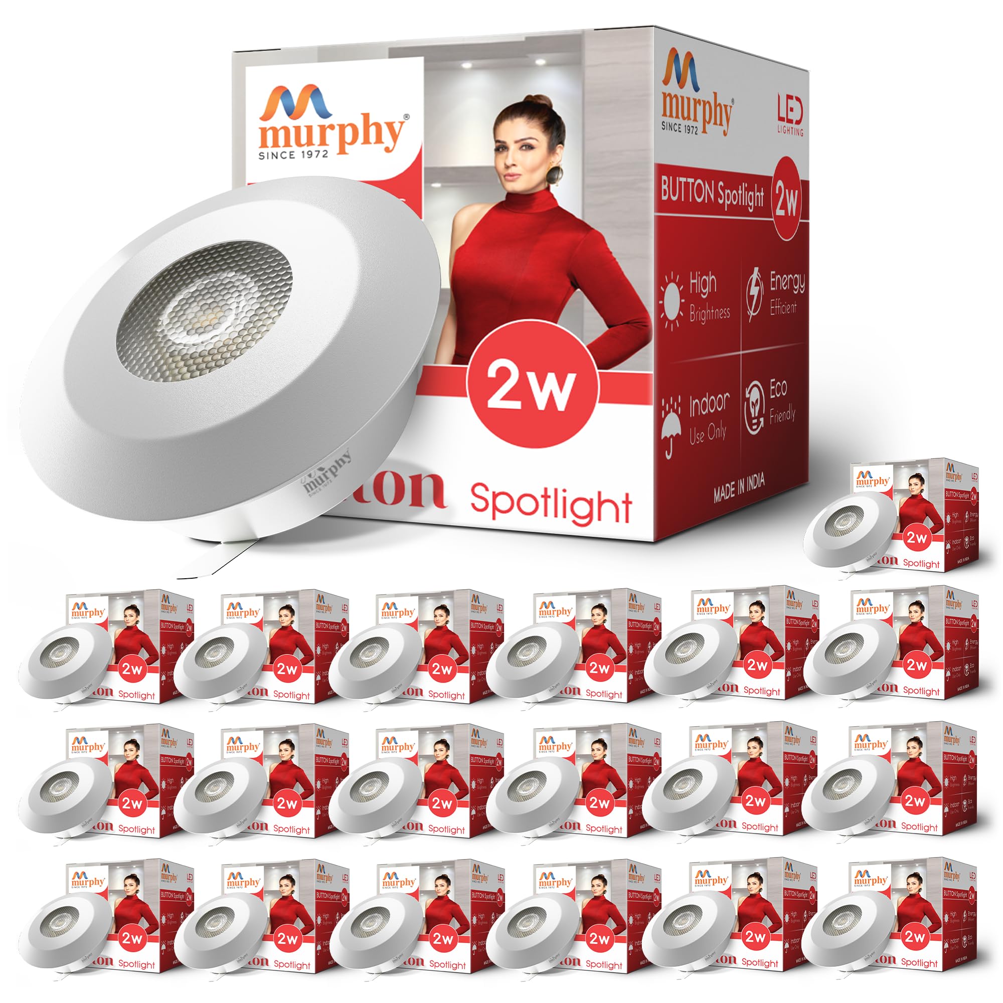 Murphy Polycarbonate 2W LED Button Spot Lights | Pack of 20 | Warm White | Premium Mood Lighting for Home & Office