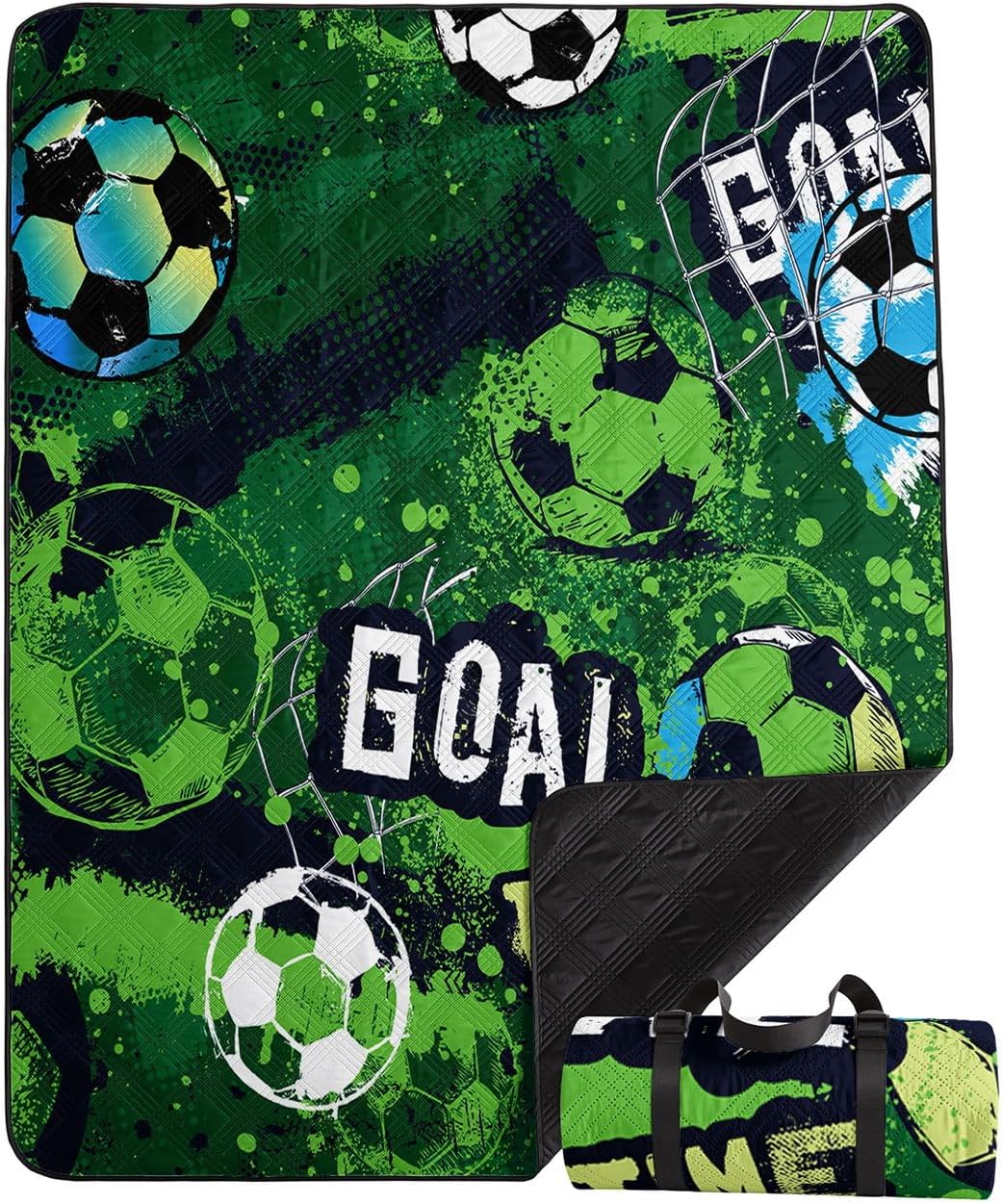 Outdoor Picnic Blanket Portable Ultrasonic Waterproof Picnic Cartoon Soccer Green Printed Camping Beach Mat for Sand and Wet Grass Hiking (Cartoon Soccer S