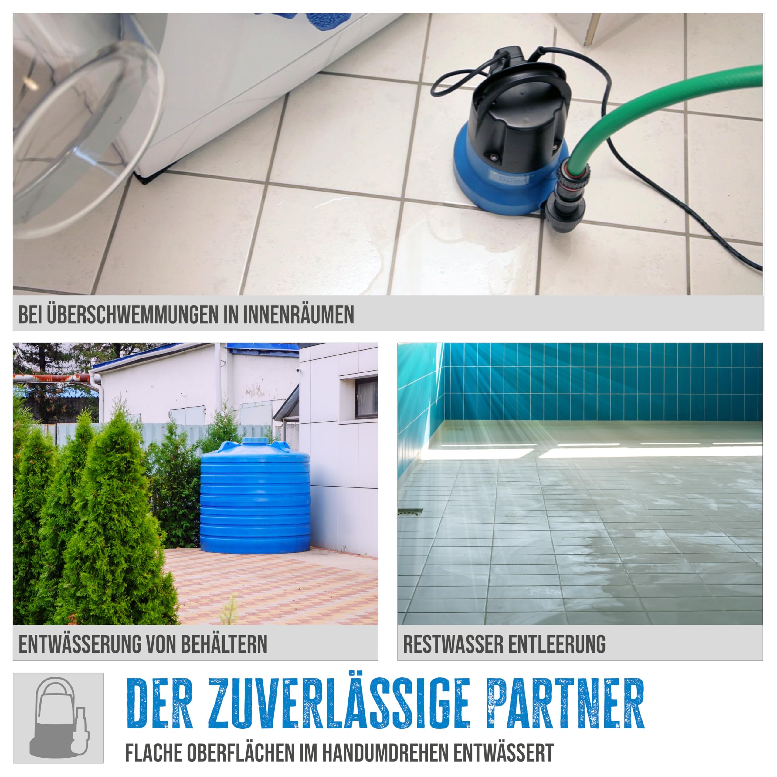 Güde Flachsaugerpumpe GFS 401 S (400 W, Fördervolumen 7000 l/h, max. Förderhöhe 8 m, max. Ansaughöhe 7 m, Noryl-Laufrad, Edelstahlwelle, Thermoschutz, 10 m Anschlusskabel, min. Einschalthöhe 30 mm)