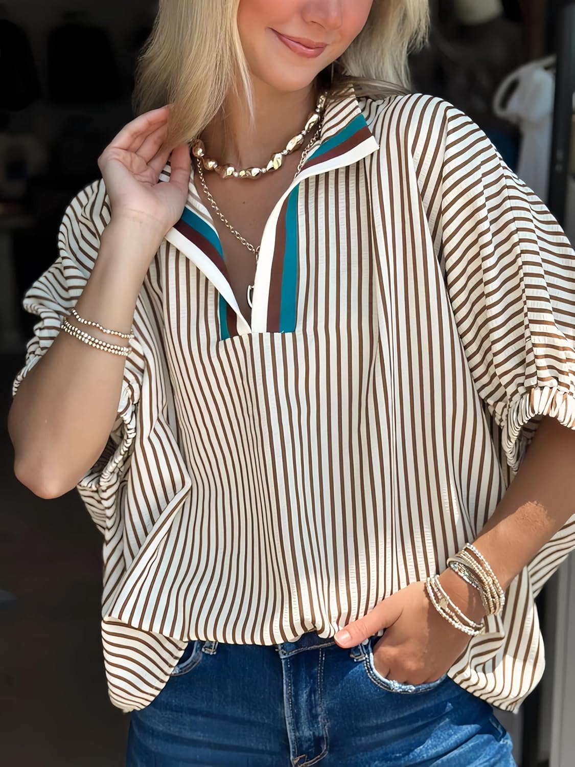 Womens Striped Contrast Neck Shirts Elbow Puff Sleeve Dolman Blouse Top - Image 6