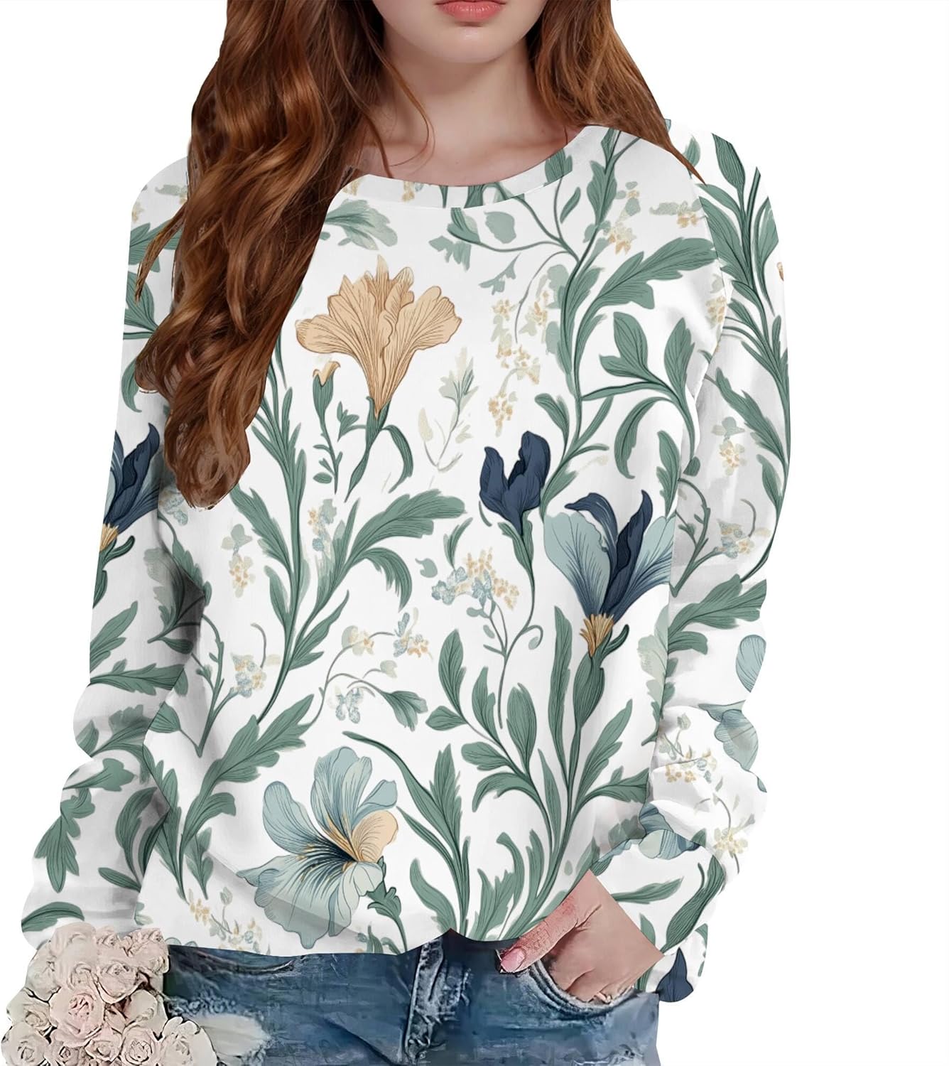Womens Fall Floral Print Tops Boho Graphic Sweatshirts Crewneck Fall Winter Fashion Casual Outfits Tops for Women