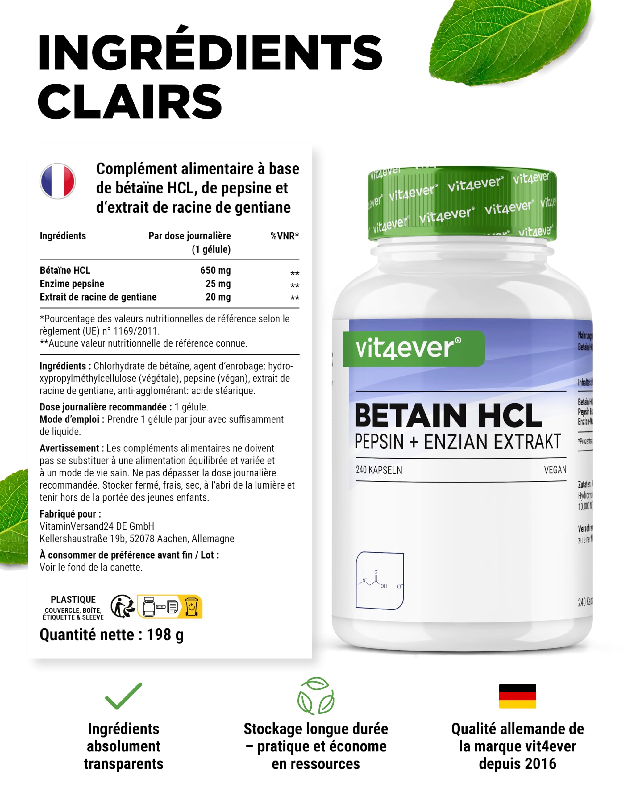 Betaine HCL - 240 Gélules avec 650 mg Bétaïne HCL - Avec Pepsine & Gentiane Amère - Enzymes Digestives à Spectre Complet - Forte Dose - Végan