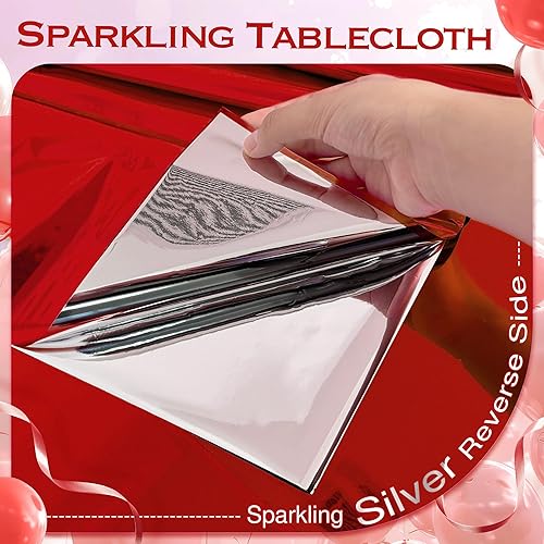 Miniatura 6 de 2 manteles de papel de aluminio rojo de 54 x 72 pulgadas, de plástico, para Navidad, carnaval, fiesta de cumpleaños, manteles desechables