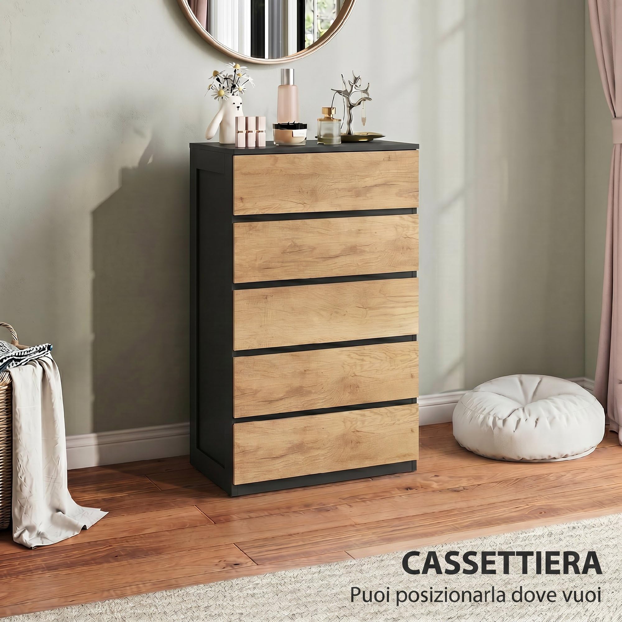 HOMCOM Cajonera dormitorio 5 cajones cómoda 60 x 39 x 100 cm negro roble | Cómoda de madera para dormitorio, sala de estar, comedor, pasillo