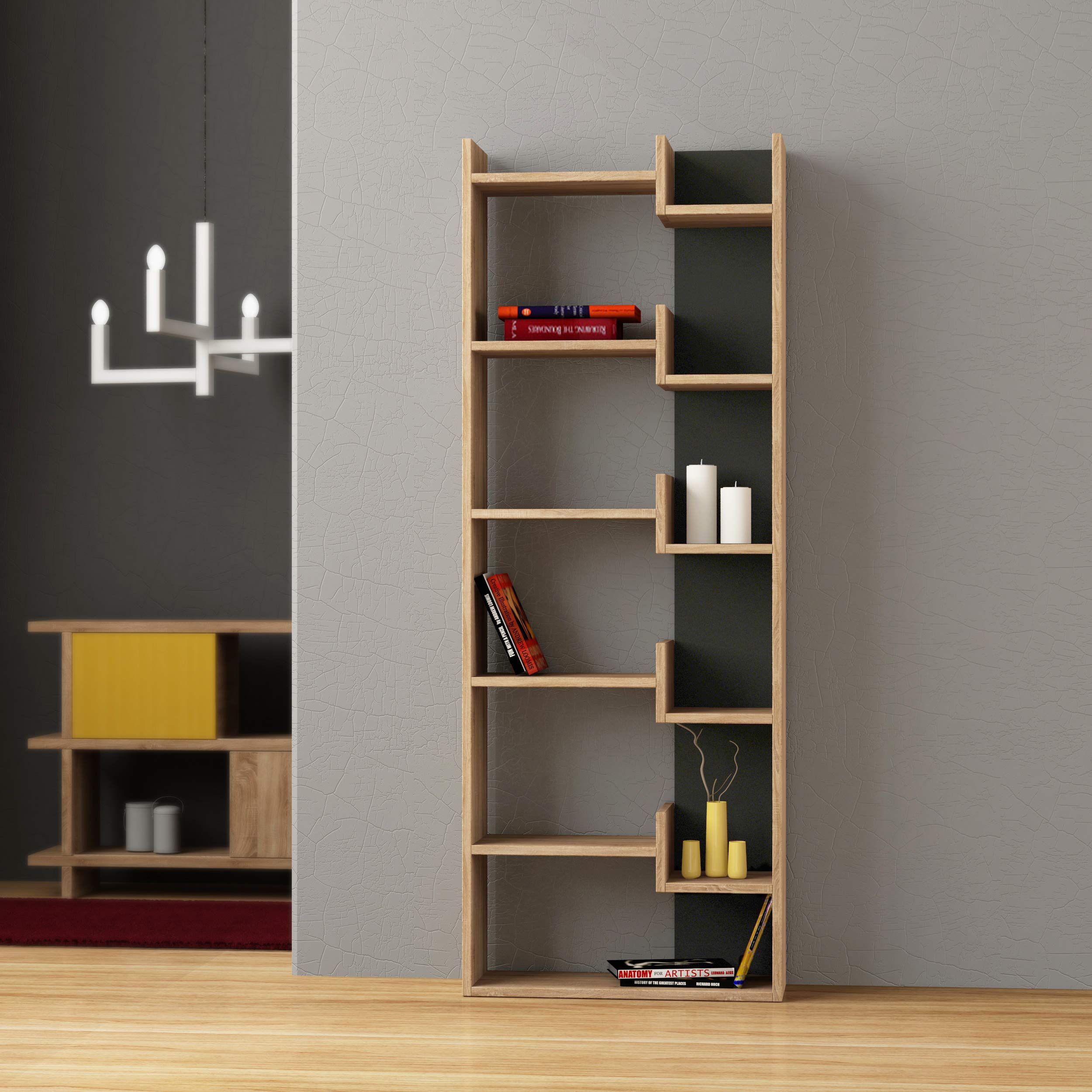 HOCUS PICUS Bookshelf Free Standing Tall Engineered Wood with 11 Tier Display Bookcase Shelves for Living Room Home Office Furniture 22(D)x69(W)x1.63(H)cm (Oak Effect - Anthracite)
