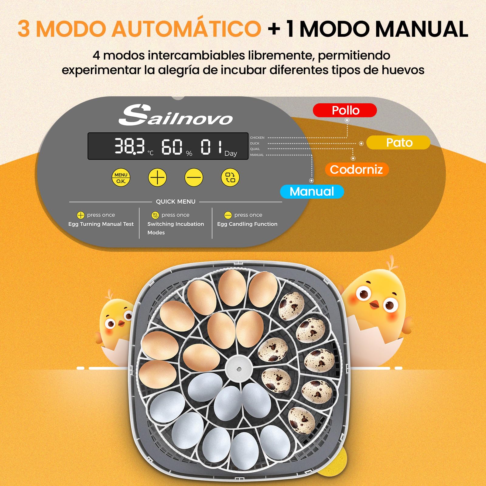Sailnovo Incubadora para 24 Huevos con 4 Modos, Incubadora de Huevos con Volteo Automático y Monitor de Humedad, Lámpara de Huevo, Incubadora Huevos Gallina Vista 360° Ventana Transparente, Gris