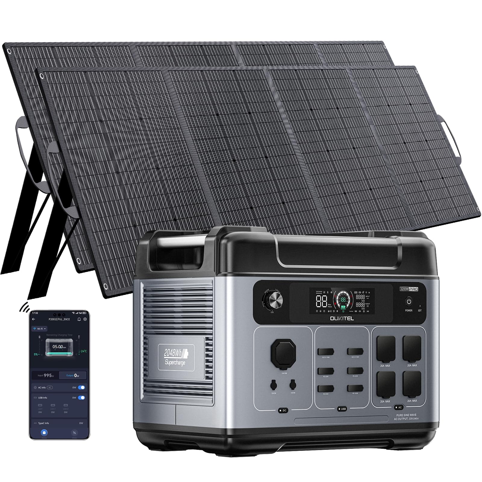 OUKITEL 3200W Stazione Elettrica Portatile con 2x400W Pannello Ricarica Rapida, Batteria LiFePO4 2048Wh, Generatore Solare UPS <10ms, Stazione di Alimentazione per Casa, Campeggio, Camper