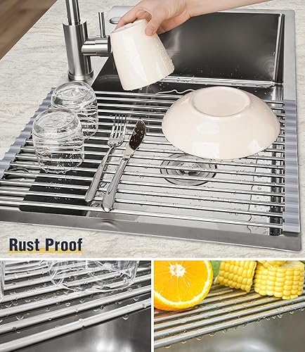 Miniatura 9 de Attom Tech Home - Escurridor de platos grande de 177 x 155 pulgadas escurridor de platos enrollable multiusos de acero inoxidable plegable sobre el