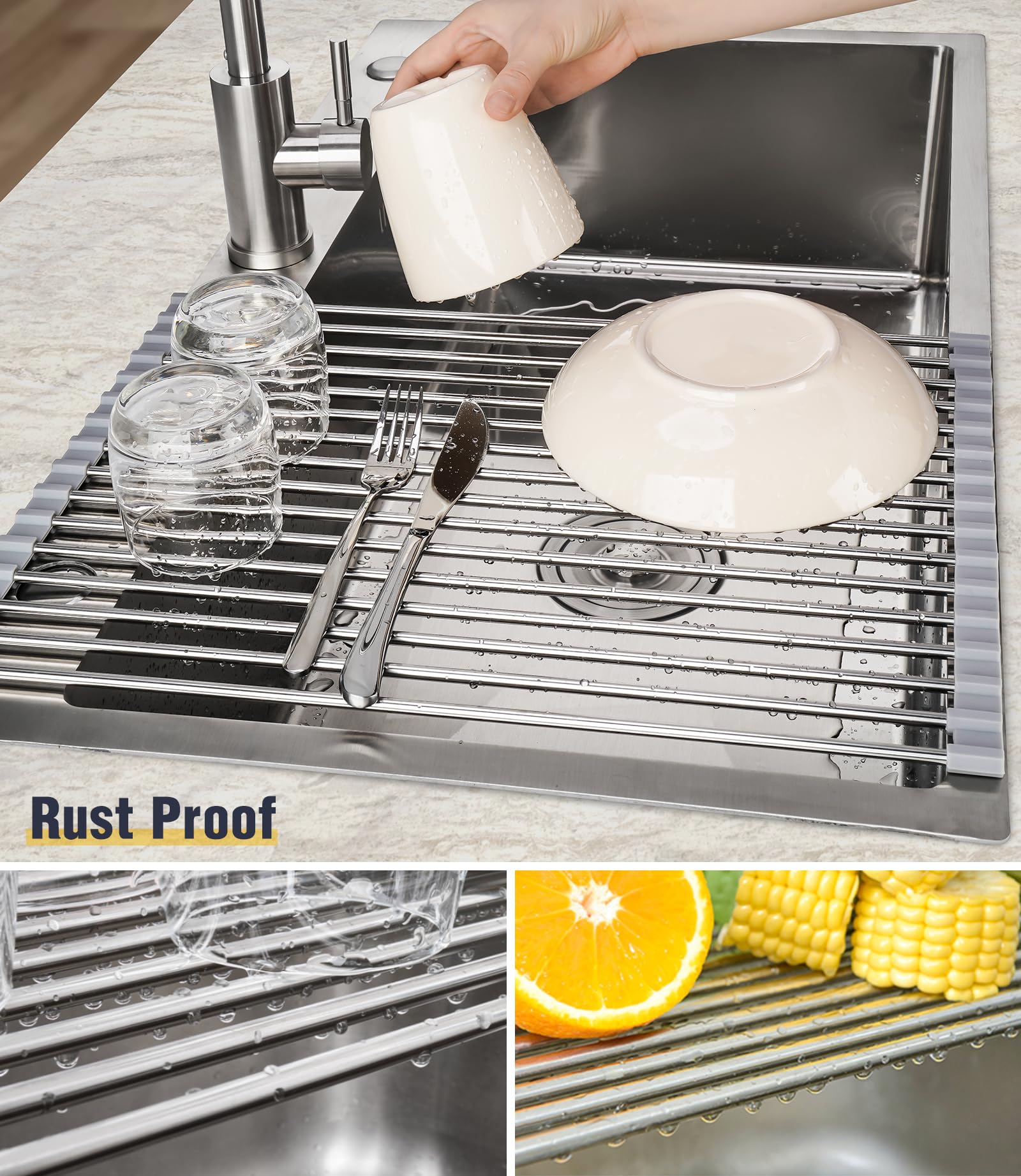 Tomorotec Roll Up Dish Drying Rack Over Sink Drying Rack Sink Cover Kitchen Sink Accessories Gadget Multipurpose Organizer Foldable Stainless Steel Drainer 45x32cm (Grey) - Image 2