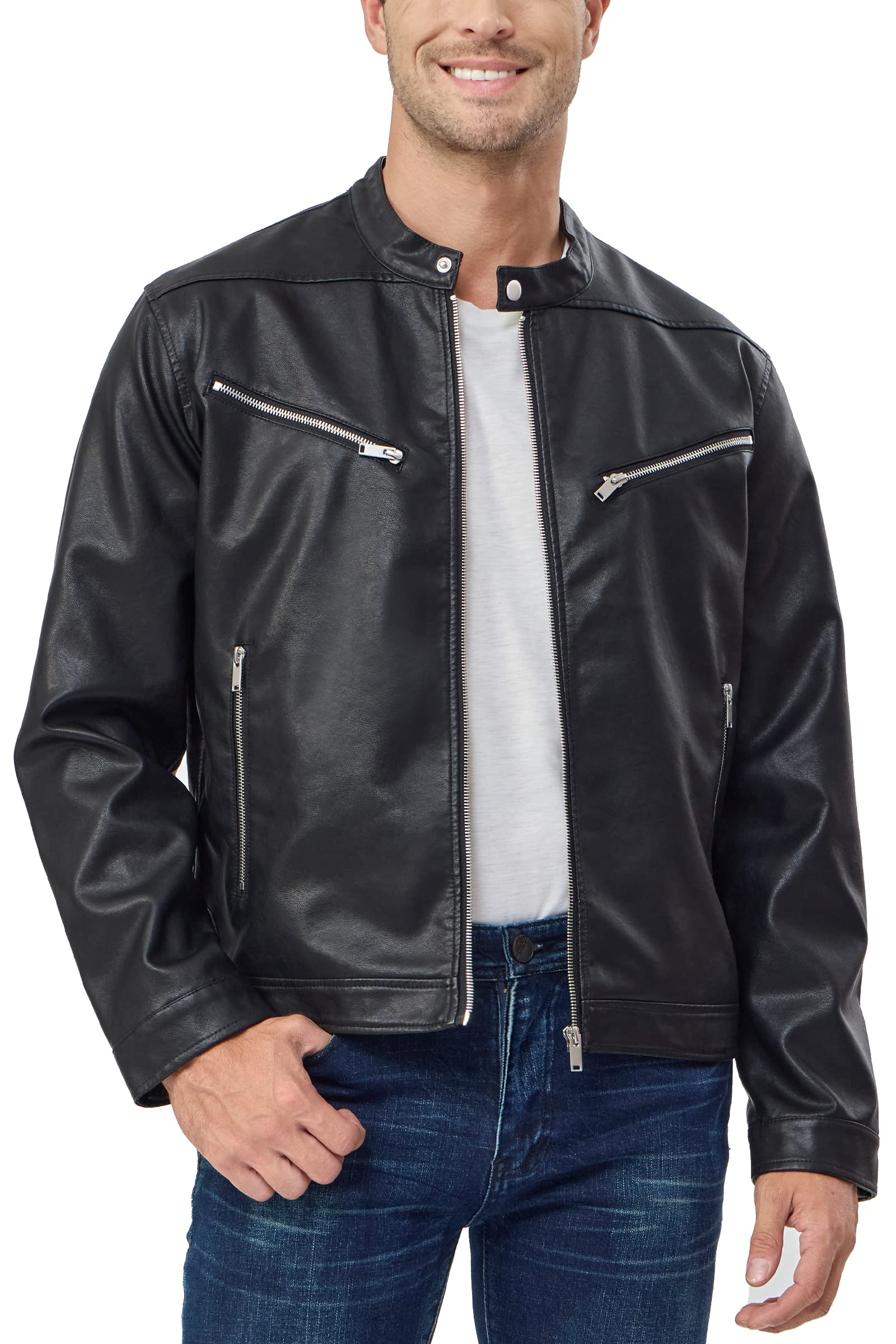 Fahsyee Men's Faux Leather Motorcycle Jacket, Black