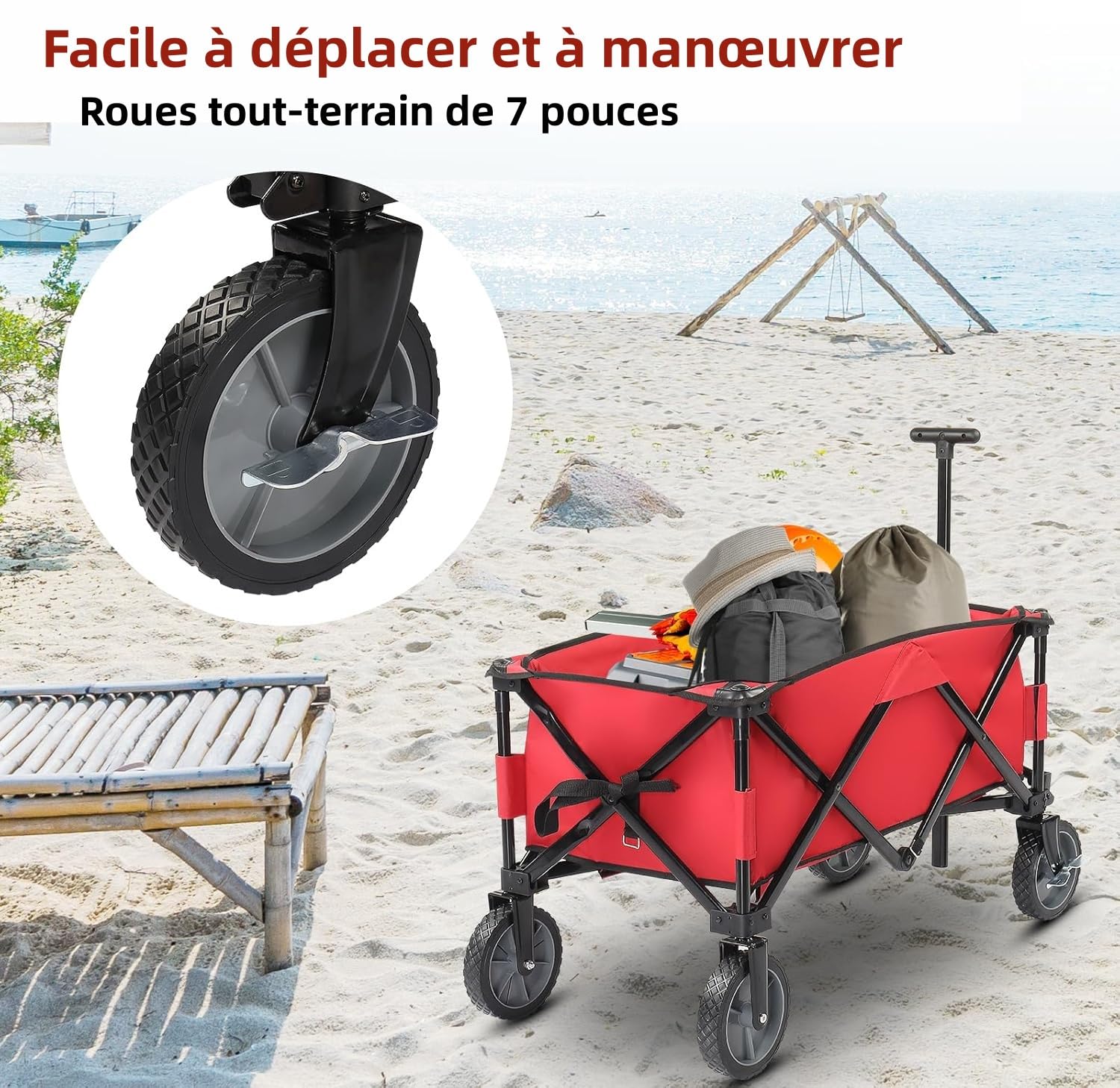 Outvita Chariot de Plage Pliable, Chariot à roulettes Tout Terrain pour Extérieur Camping、Jardin | Capacité 100 kg | Poignée Réglable - Rouge