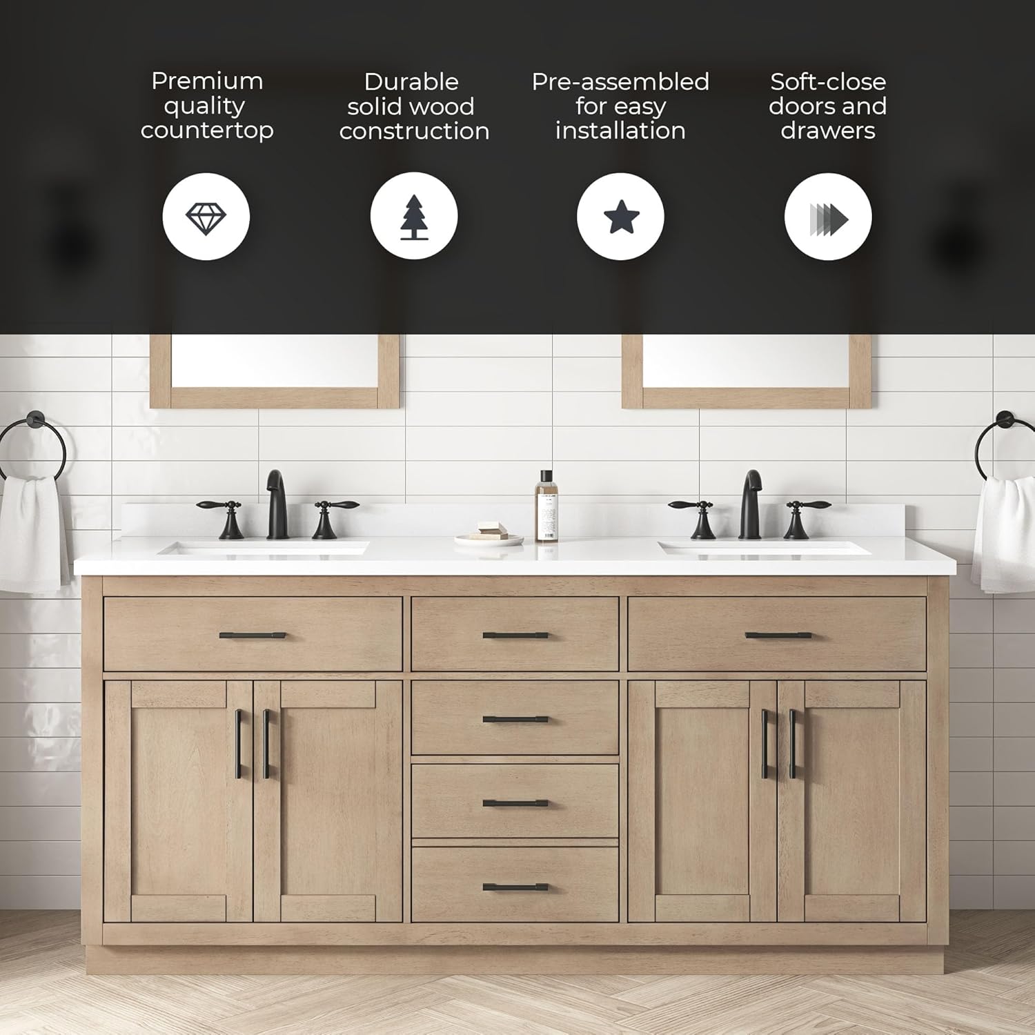 OVE Decors Bailey 72 in. W x 22 in. D x 34.5 in. H Double Sink Bath Vanity in Sahara Birch with White Premium Quality Countertop