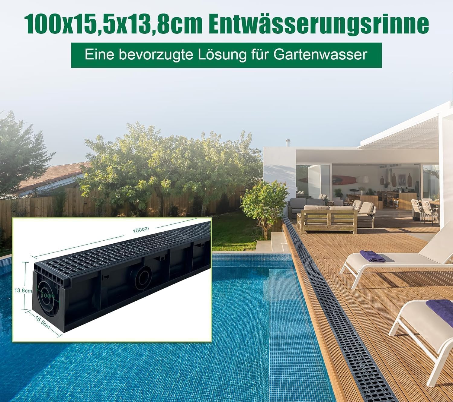 Zestaw 3: 100x100x1000 mm Zewnętrzna rynna drenażowa z kratką HDPE, A15 rynna z HDPE czarna, do podjazdu, ogrodu, tarasu, garażu