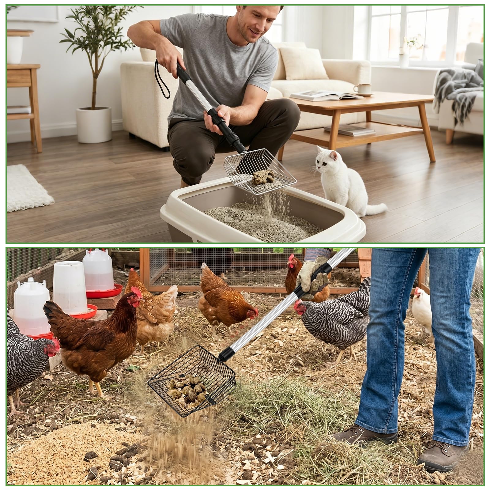3 in 1 Paletta per Letame di Pollo, 56/80/108cm Pollo Poop Scooper Paletta Regolabile, Palettas Lettiera Gatto, Accessori per Pollaio per Separazione Feci e Detriti dalla Sabbia (Nero)