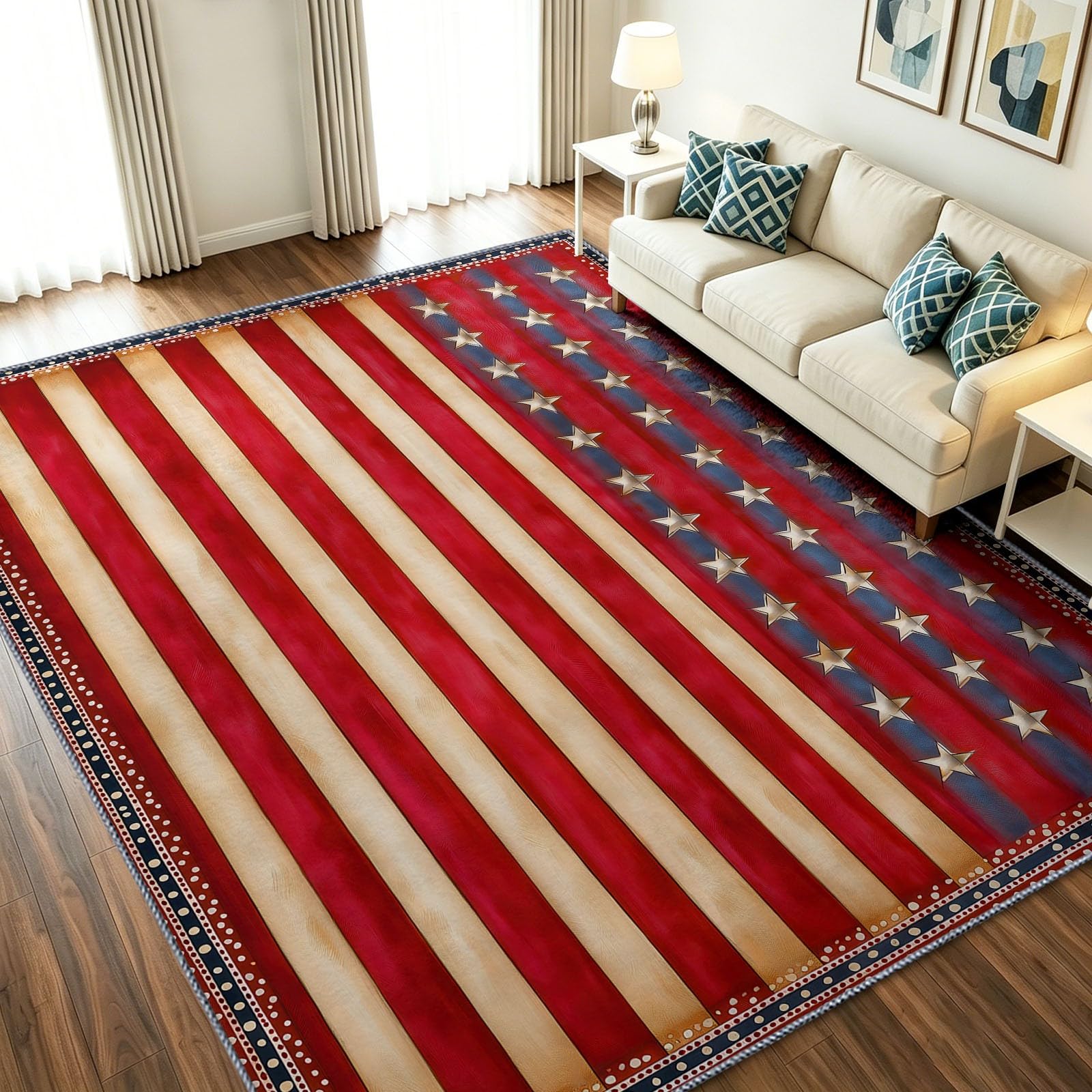 Tapis Drapeau Américain 120 x 170 cm Salon Chambre Tapis Rouge Antidérapant Lavable Doux Poils Courts Rayures Géométrique Paillasson Interieur pour Salle à Manger Cuisine