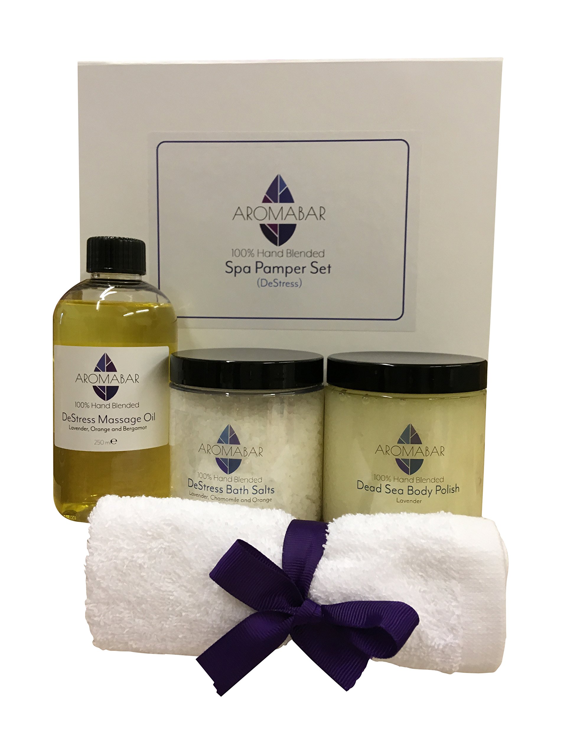 Spa De-Stress Pamper Kit includes De-Stress Body Massage Oil, DeStress Bath Salts Soak, Lavender Dead Sea Body Scrub