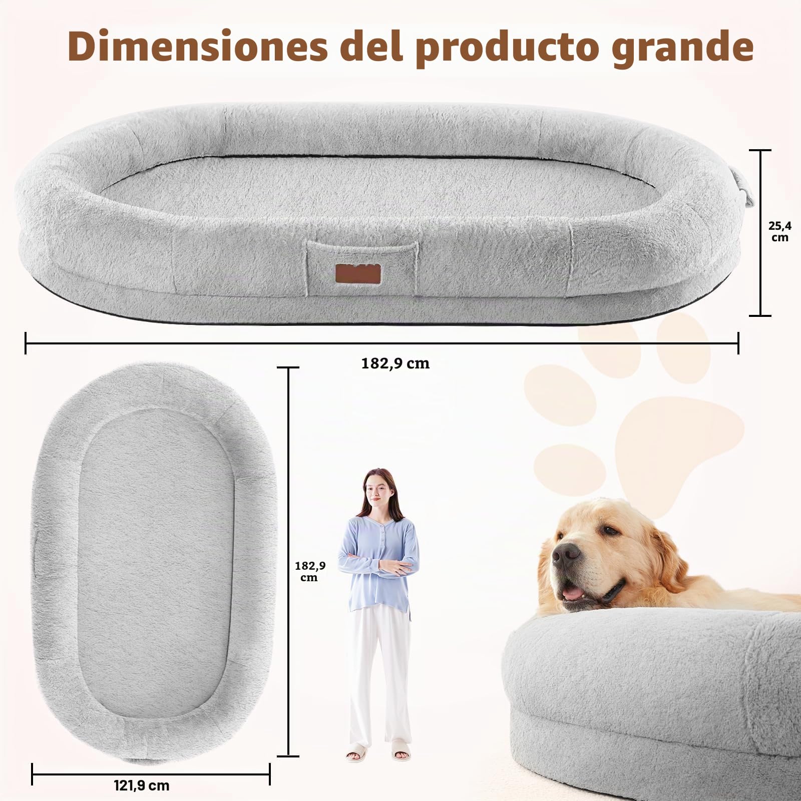 Cama para perros humanos para adultos, 180 × 122 × 25 cm, gigante cama puf con manta, lavable de piel sintética Nap cama ovalada, espuma viscoelástica grande extraíble para perros humanos gris