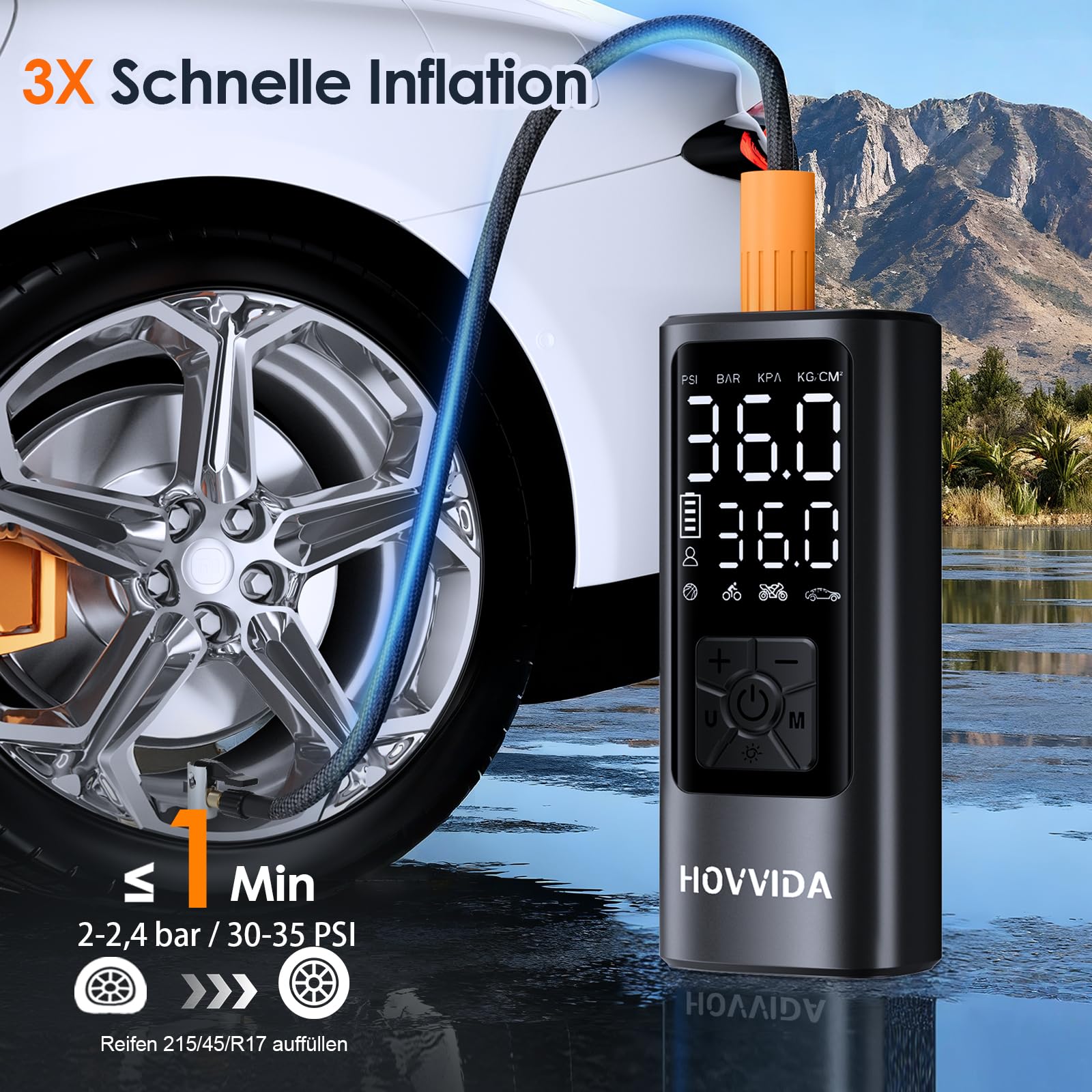 HOVVIDA Elektrische Luftpumpe, 10,3 bar Fahrradpumpe, Digitale Akku-Luftpumpe mit Druckvoreinstellung & Auto-Abschaltung, Wiederaufladbar, Luftpumpe für E-bike, Auto, Fahrrad, Motorrad, Bälle