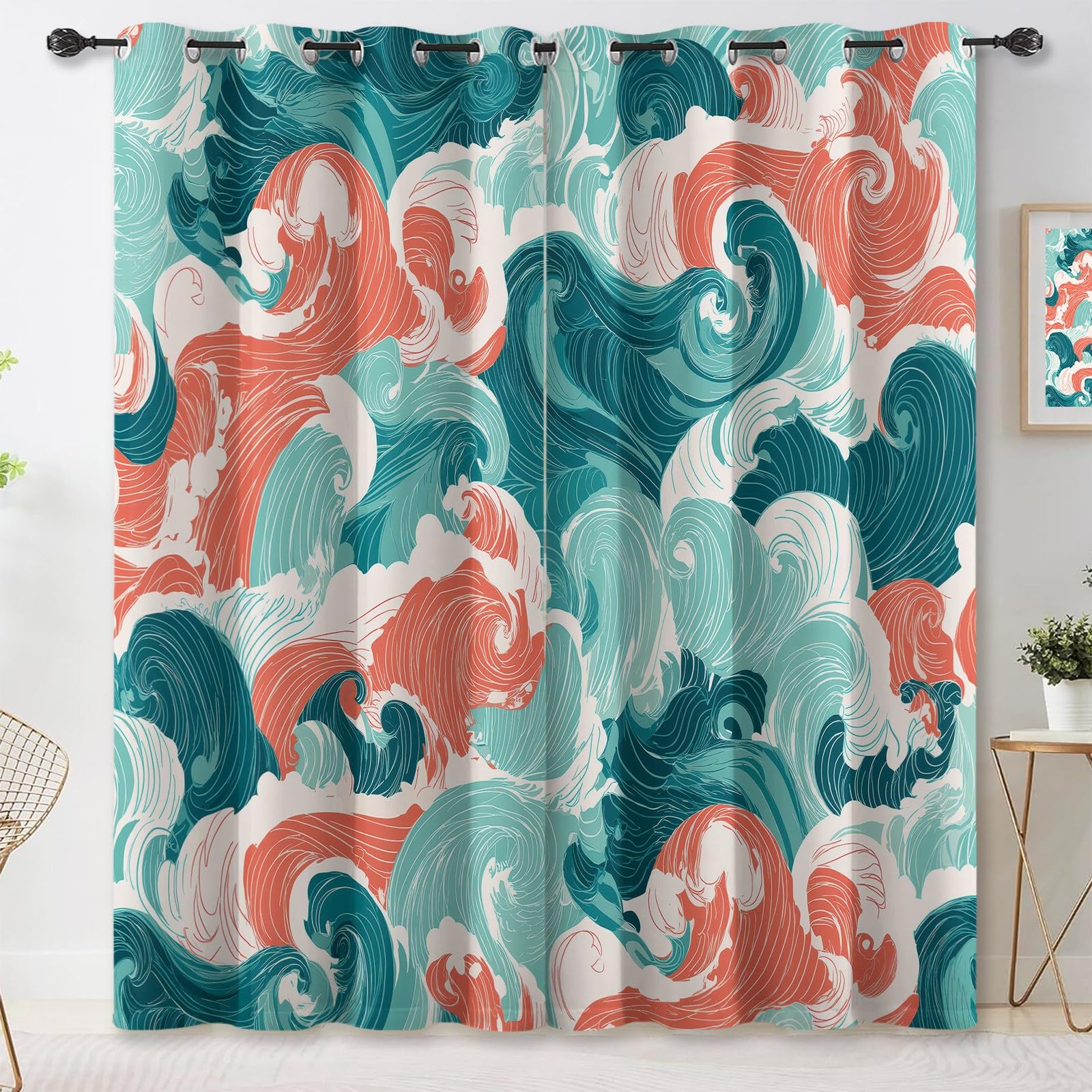 Generisch Natur Skandinavisch Vorhänge mit Ösen, Blau Blickdichte Vorhänge Wohnzimmer Schlafzimmer, Meer Wellen Wirbel Maschine Waschbar Fenster Verdunkelungsvorhänge, H215 x B110 cm 2 Stück