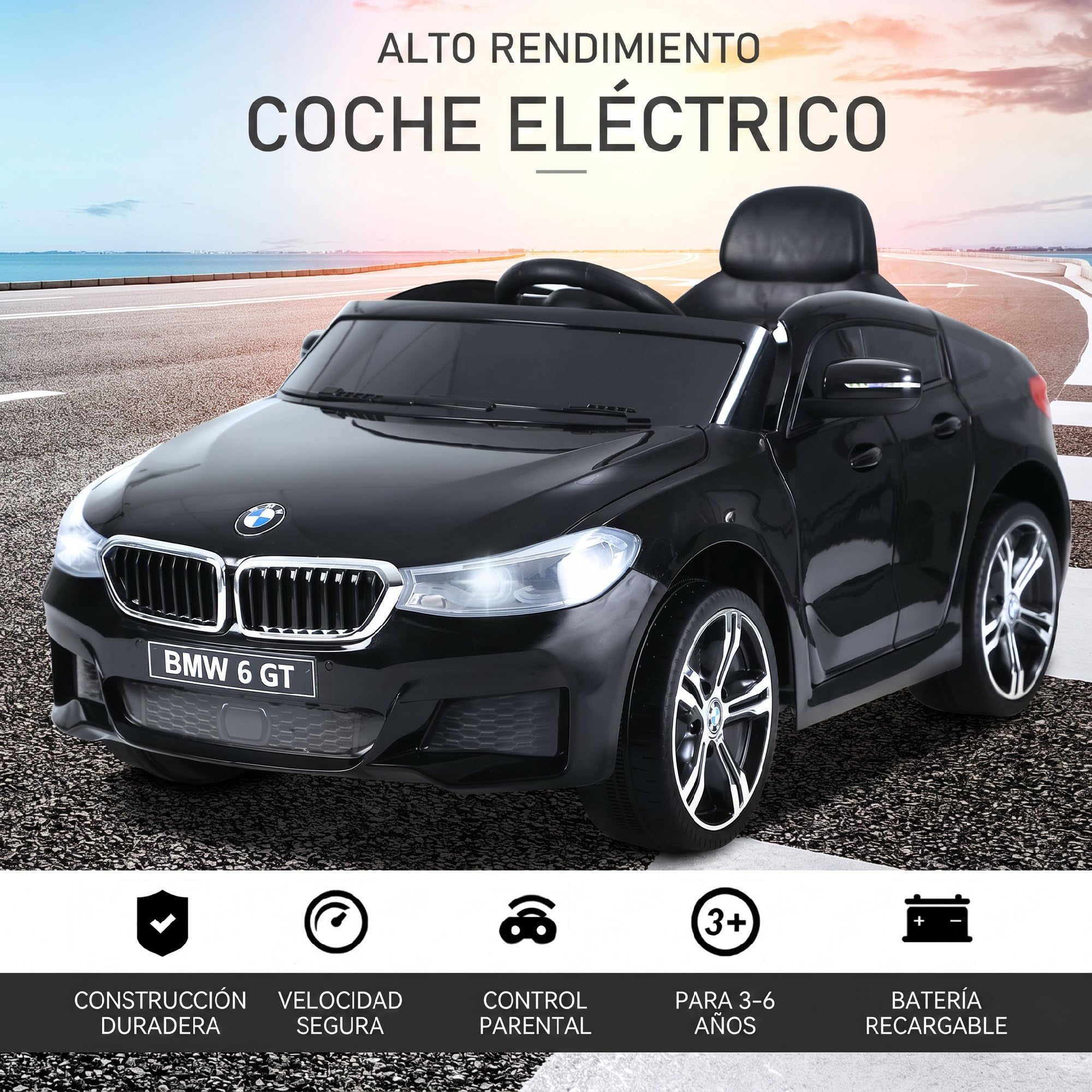 HOMCOM Coche Eléctrico BMW 6GT para Niños +3 Años Automóvil Infantil de Batería 6V con Control Remoto Luces y Sonidos MP3 USB Carga 30 kg 106x64x51 cm Negro
