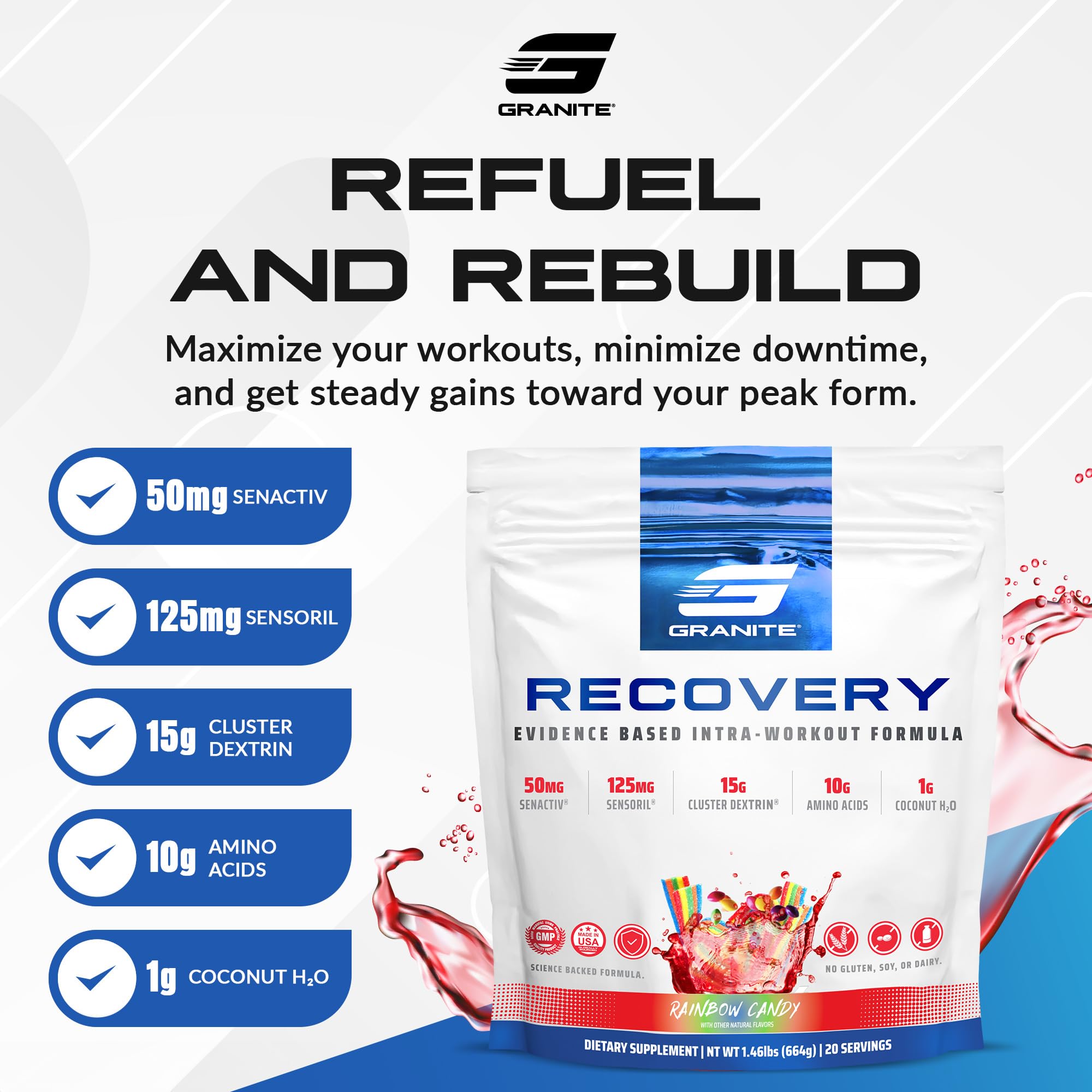 (inv) Granite Nutrition Recovery - Premium Intra-Workout Drink with EAAs, Cluster Dextrin, Sensoril & Senactiv for Athletic Performance and Lean Muscle Gains - Rainbow Candy Flavor (20 Servings)