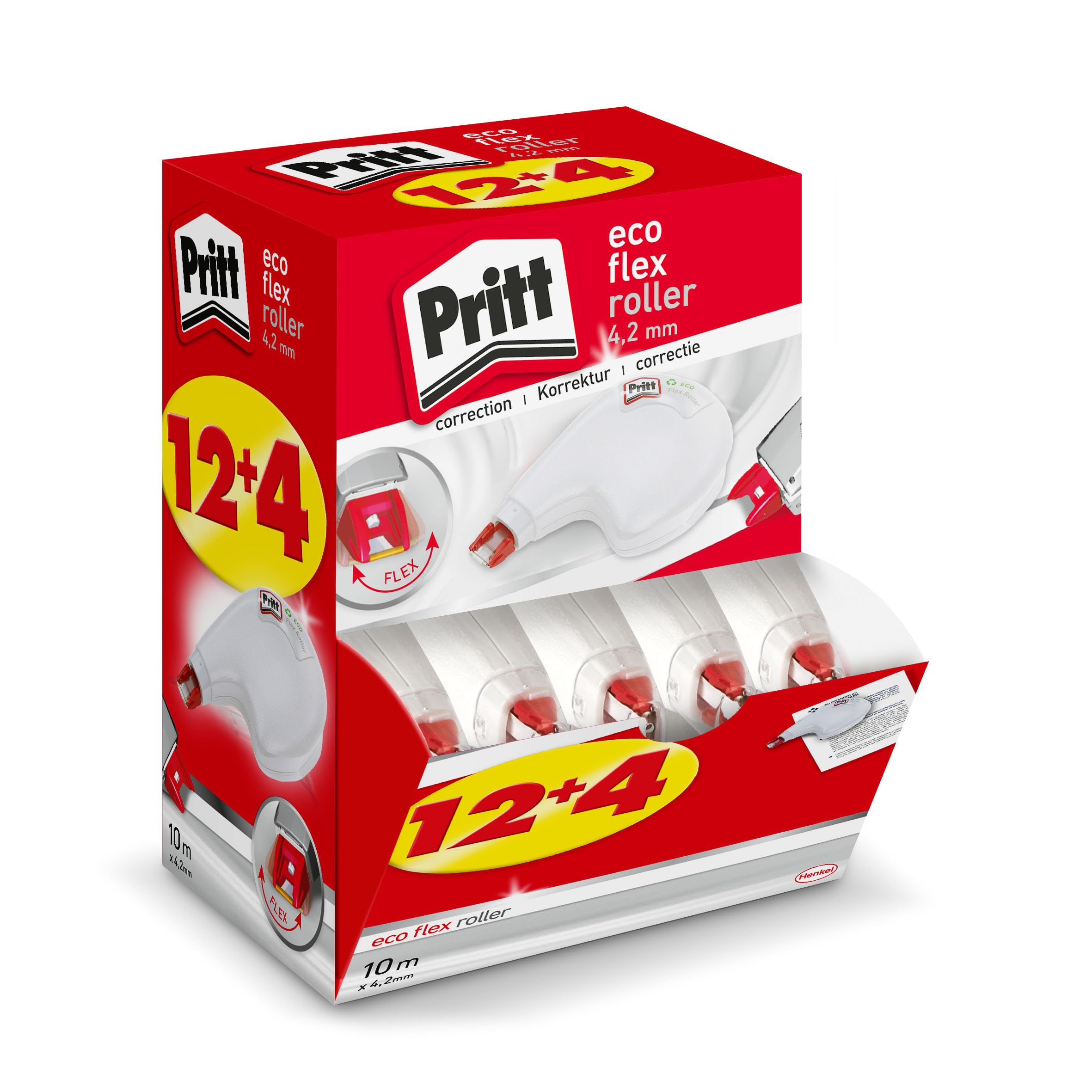 Rouleau correcteur Pritt ECO Flex Sideway, Application latérale, réécriture immédiate, Pointe Flexible, Largeur env. 4,2 mm, Longueur env. 10 m, Set économique de 16 Rouleaux