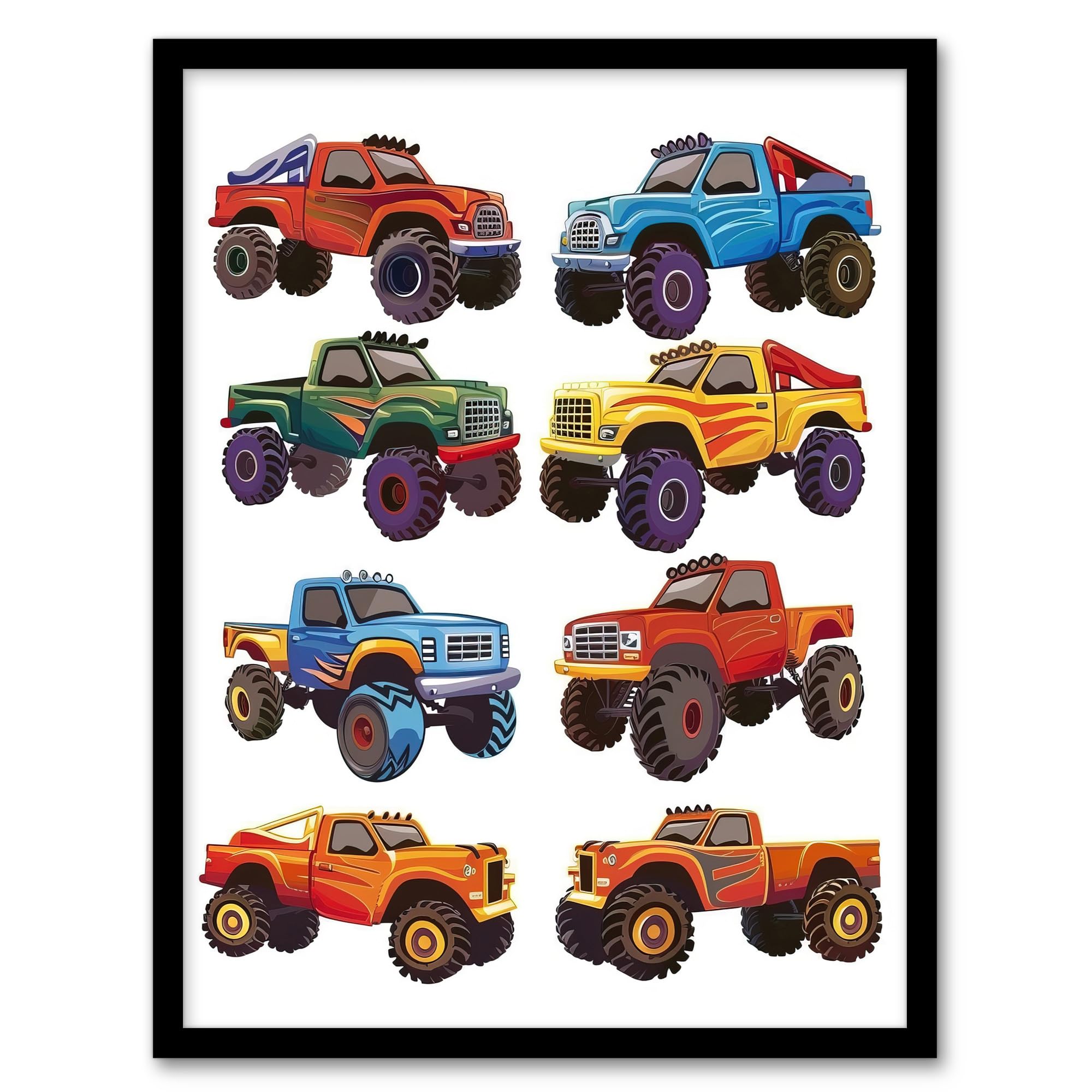 Artery8 Colourful Monster Truck Illustrations Fun Bright Nursery Kids Bedroom Artwork Framed Wall Art Print 18X24 Inch