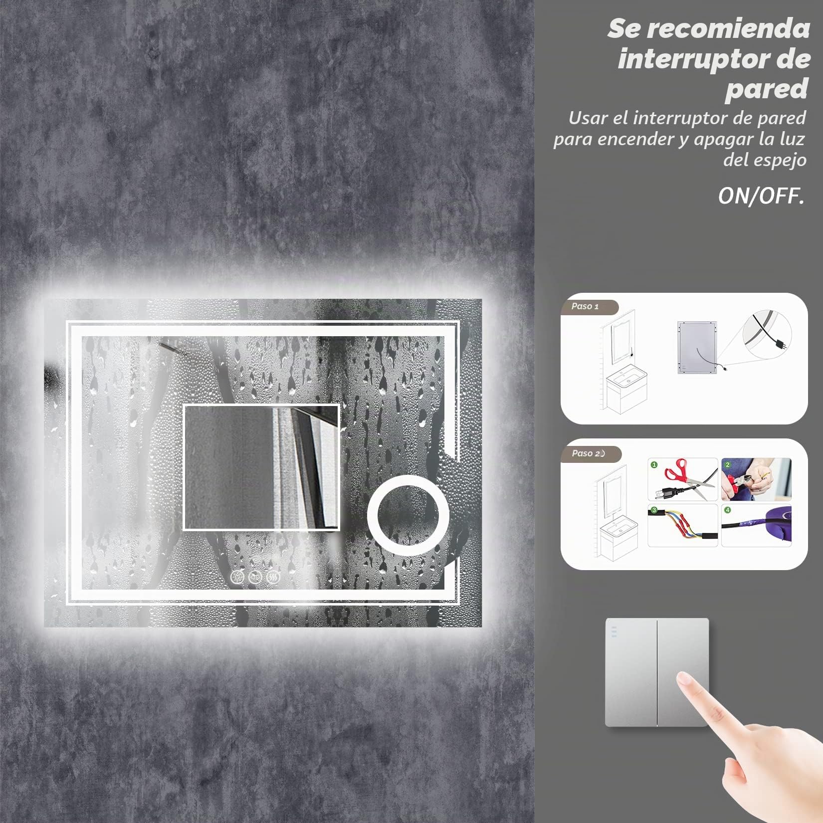 LUVODI Espejo de Baño Pared 70 x 90 cm con 3X Aumento Luz LED Frontal y Retroiluminado Espejo Baño Moderno con Interruptor Táctil Función Antivaho Memoria, IP56, CRI>97,CE, para Lavavo Tocador