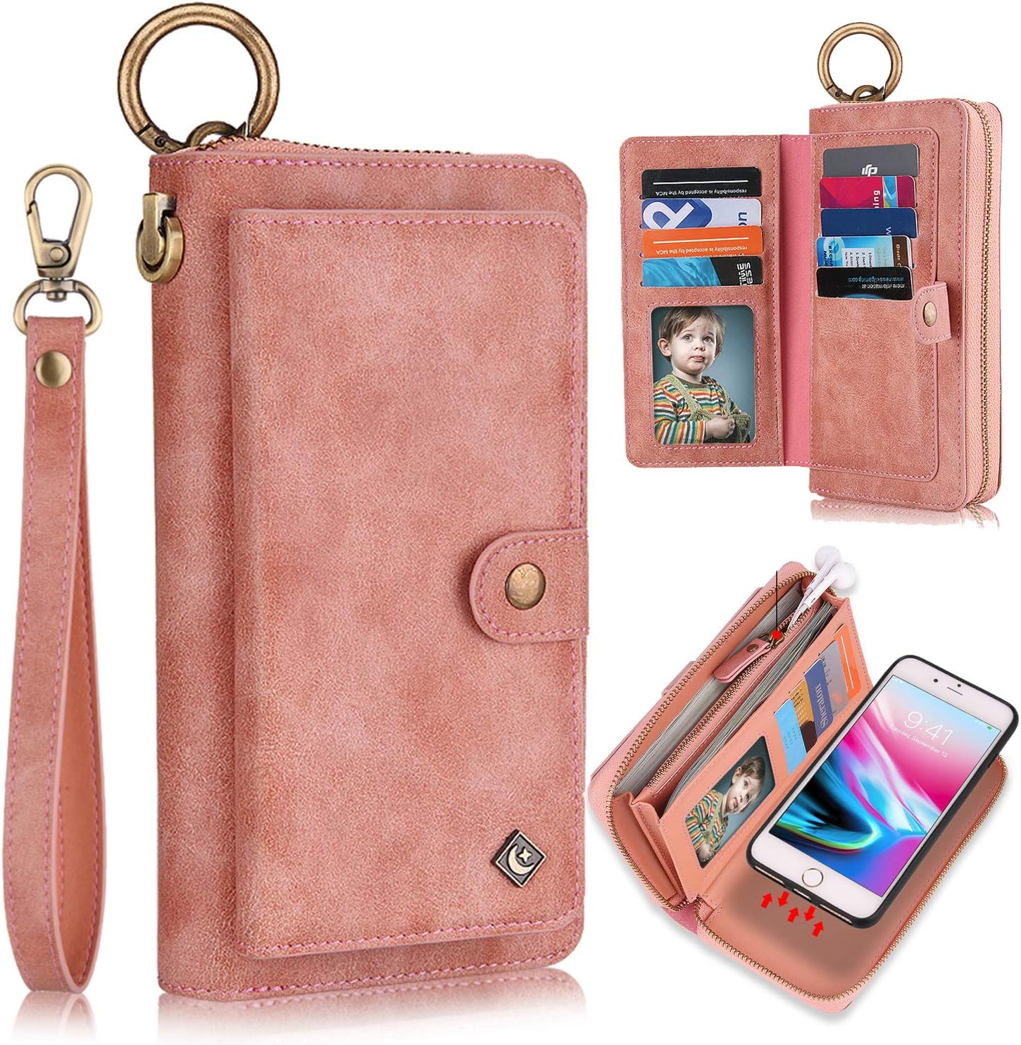 iPhone 7 Case, iPhone 8 Case, iPhone SE 2020 Wallet Case, XRPow [2 in 1] [Magnetic Detachable] Zipper Wallet Folio Case [Wrist Strap] Slim Shock Back Cover with Credit Card Purse (4.7Inch) - Rose Gold