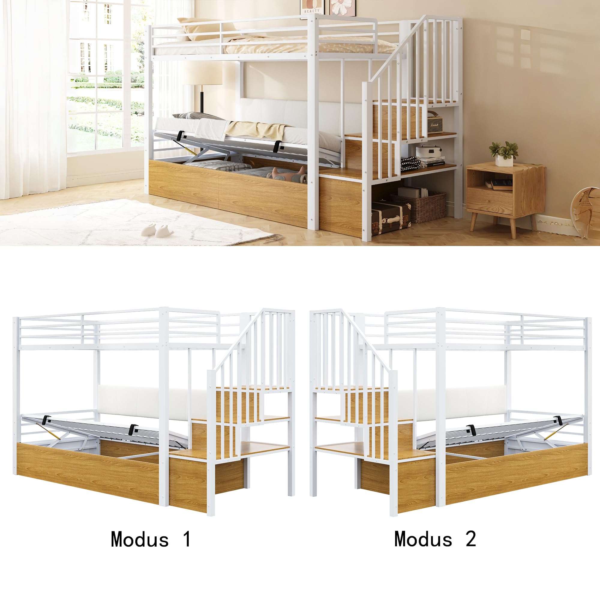 Kinderbett Etagenbett 90x200, Hochbett mit Hydraulisch Stauraum und Treppe, Hausbett mit Rückenlehne aus PU, Metall Bett Bettgestell mit Lattenrost und Rausfallschutz, Ohne Matratze (Weiß)