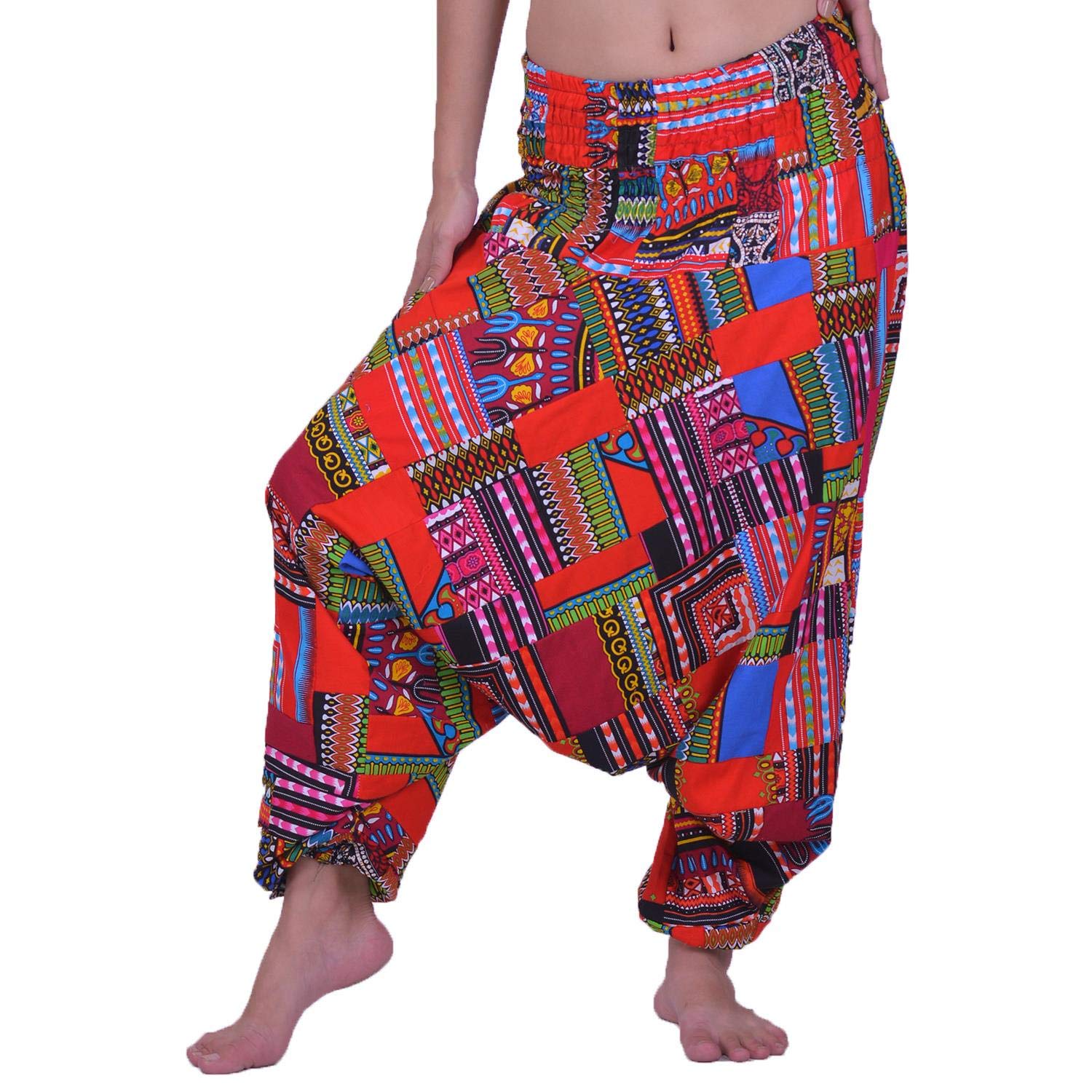 Lofbaz Women's Smocked Waist Floral Pattern 2 in 1 Patch Harem Pants Jumpsuit – Dashiki Red – OS