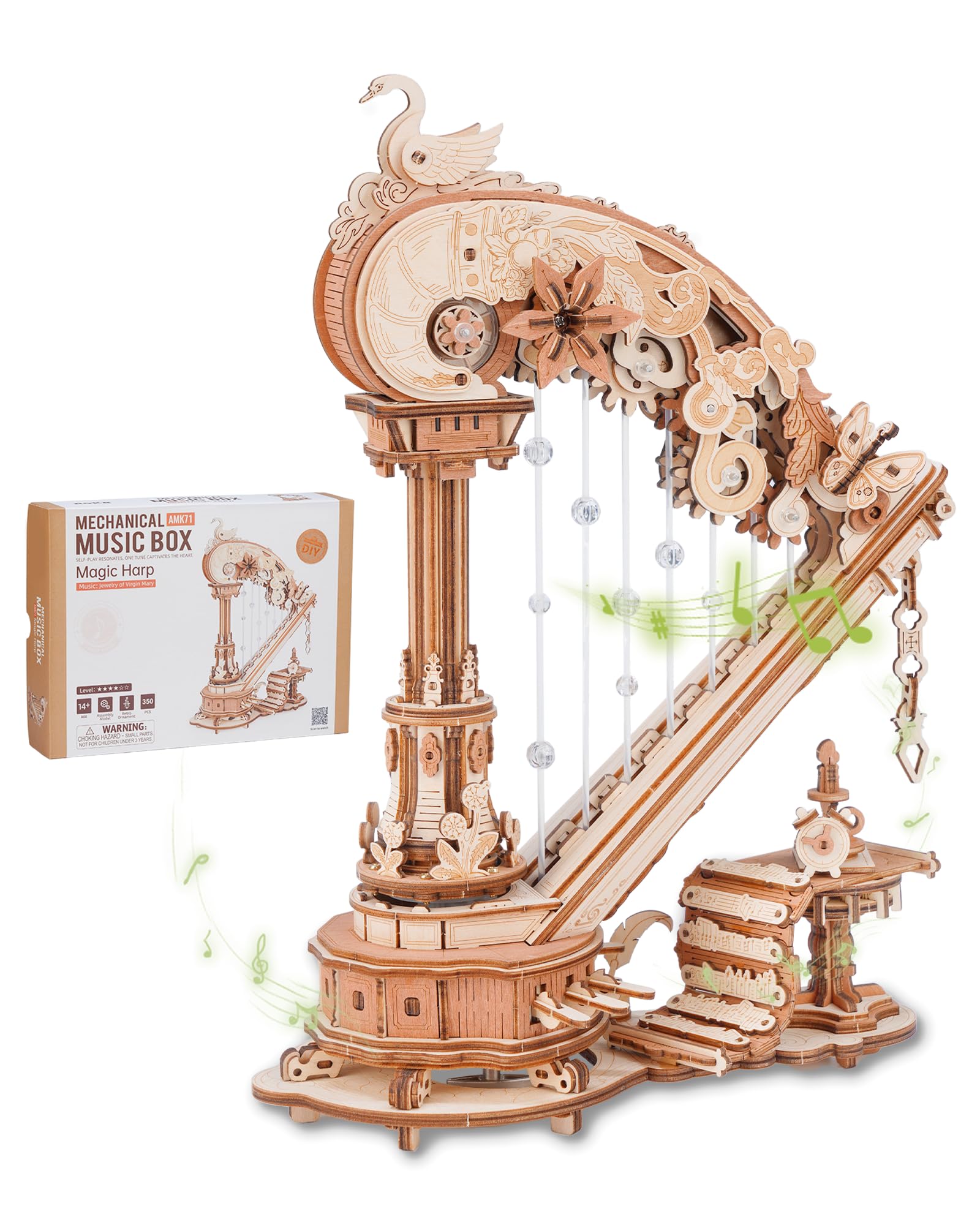 ROBOTIME 3D Puzzle Holz Harfe Baukasten mit automatischem Saitenzupfen - 18. Jahrhundert Pedal Harfe Modell, Sichtbares Mechanisches Getriebe, DIY Handwerk für Wohnkultur und Geschenk Geben