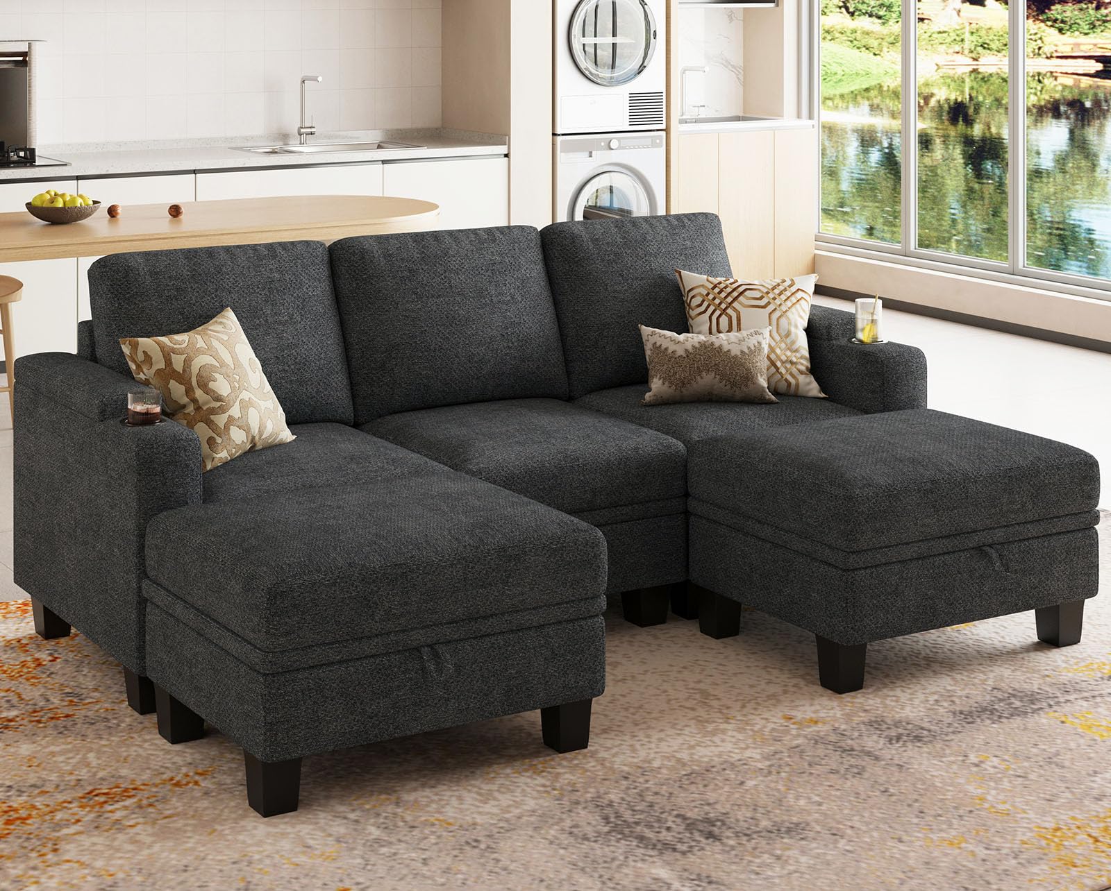 Belffin Small Corner Modular Sectional Couches for Living Room U Shaped Couch with Cup Holder Dark Grey Couch