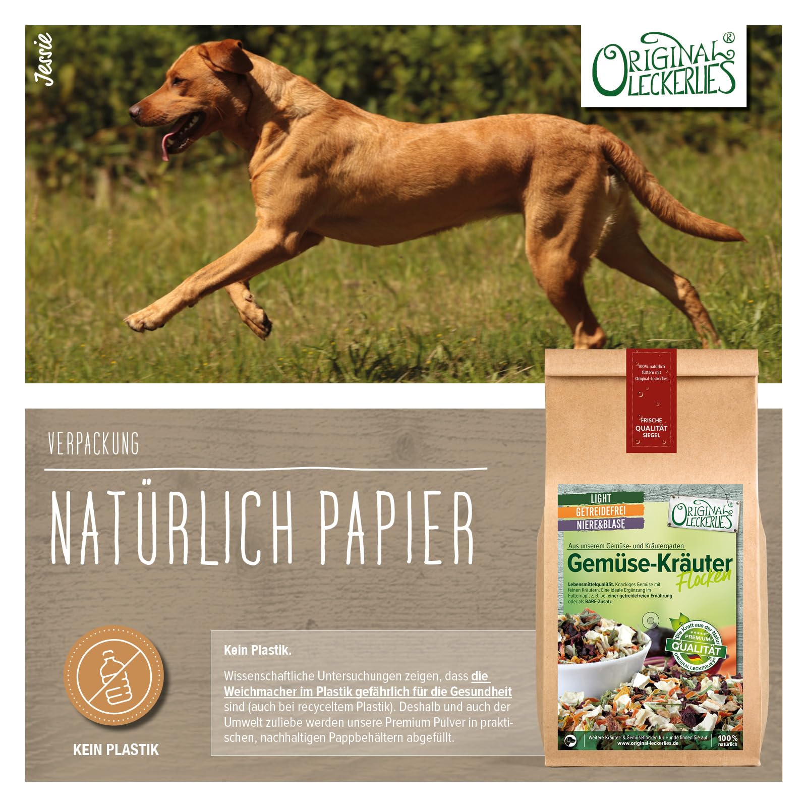 ORIGINAL LECKERLIES Gemüse-Kräutermix, 1 kg getreidefreie Gemüseflocken mit Kräutern, Hundeflocken, Barf Zusatz Hund Hundefutter – Naturprodukt für Hunde